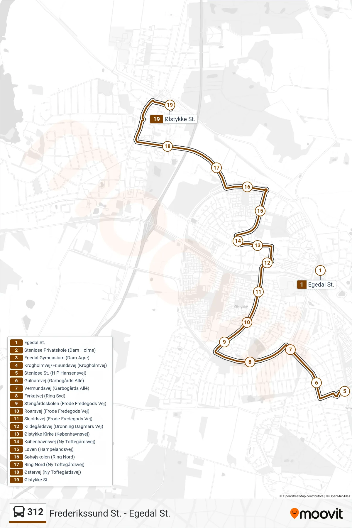 312 bus Linje (Ølstykke St.) rute og stop på et kort