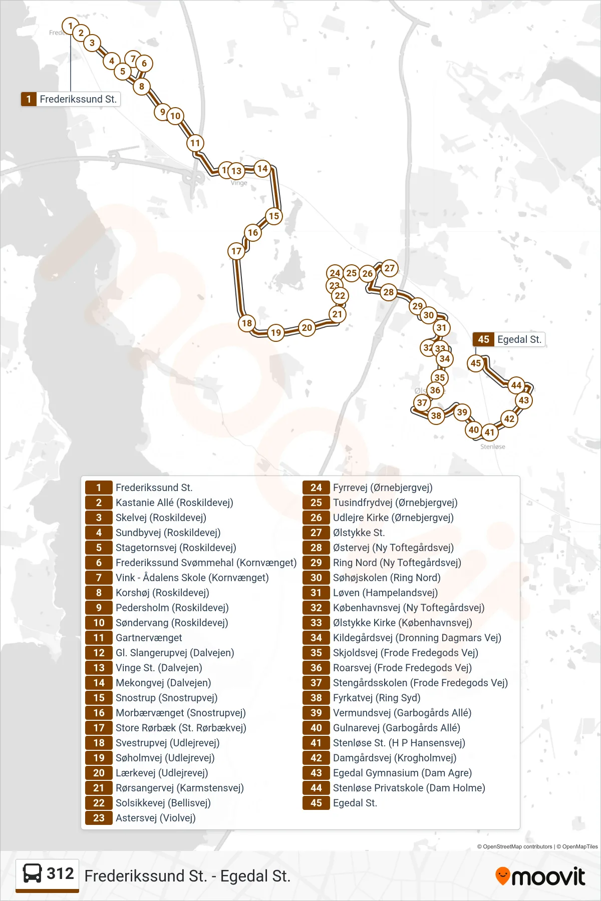 312 bus Line (Egedal St.) route and stops on a map