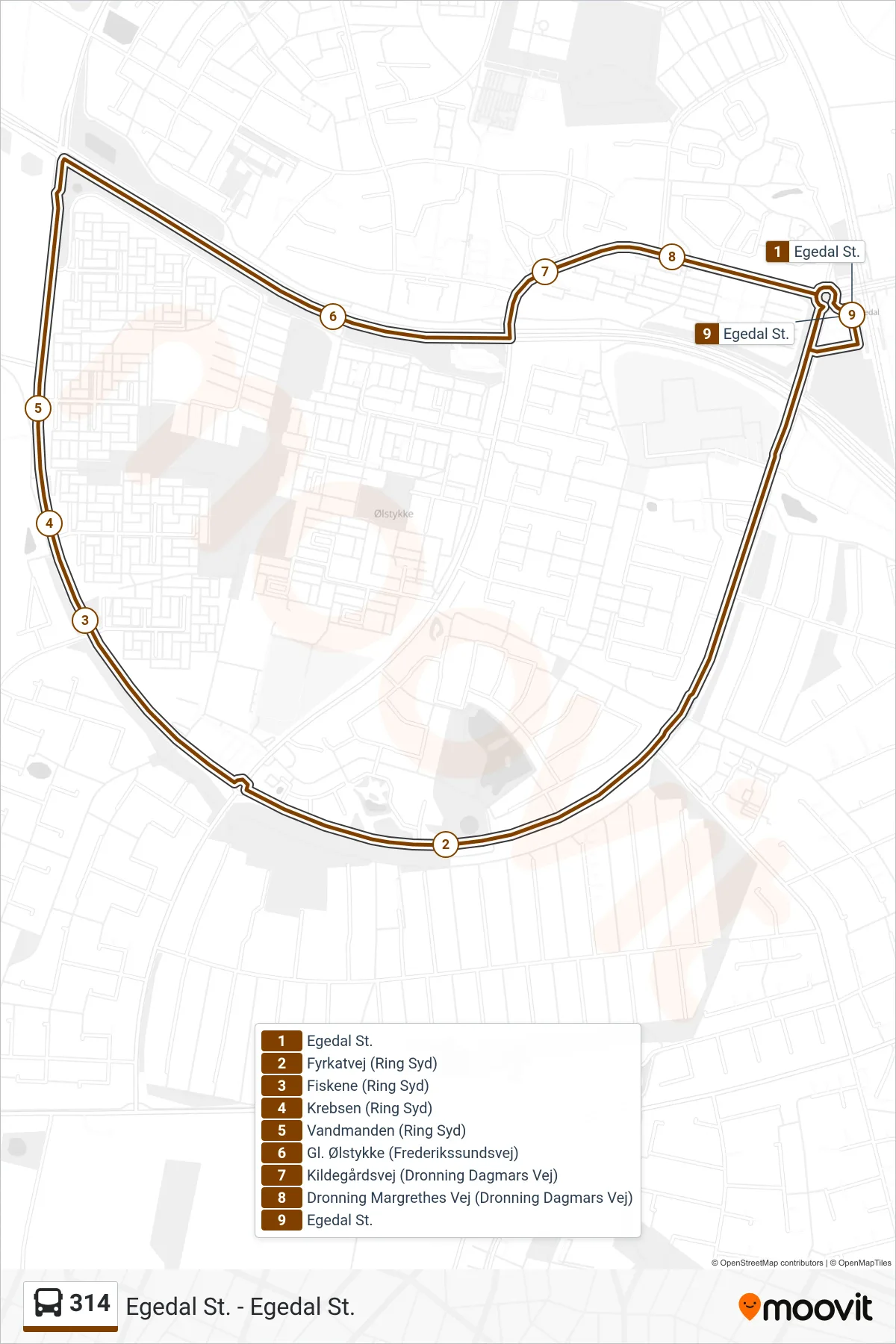314 bus Linje (Egedal St.) rute og stop på et kort