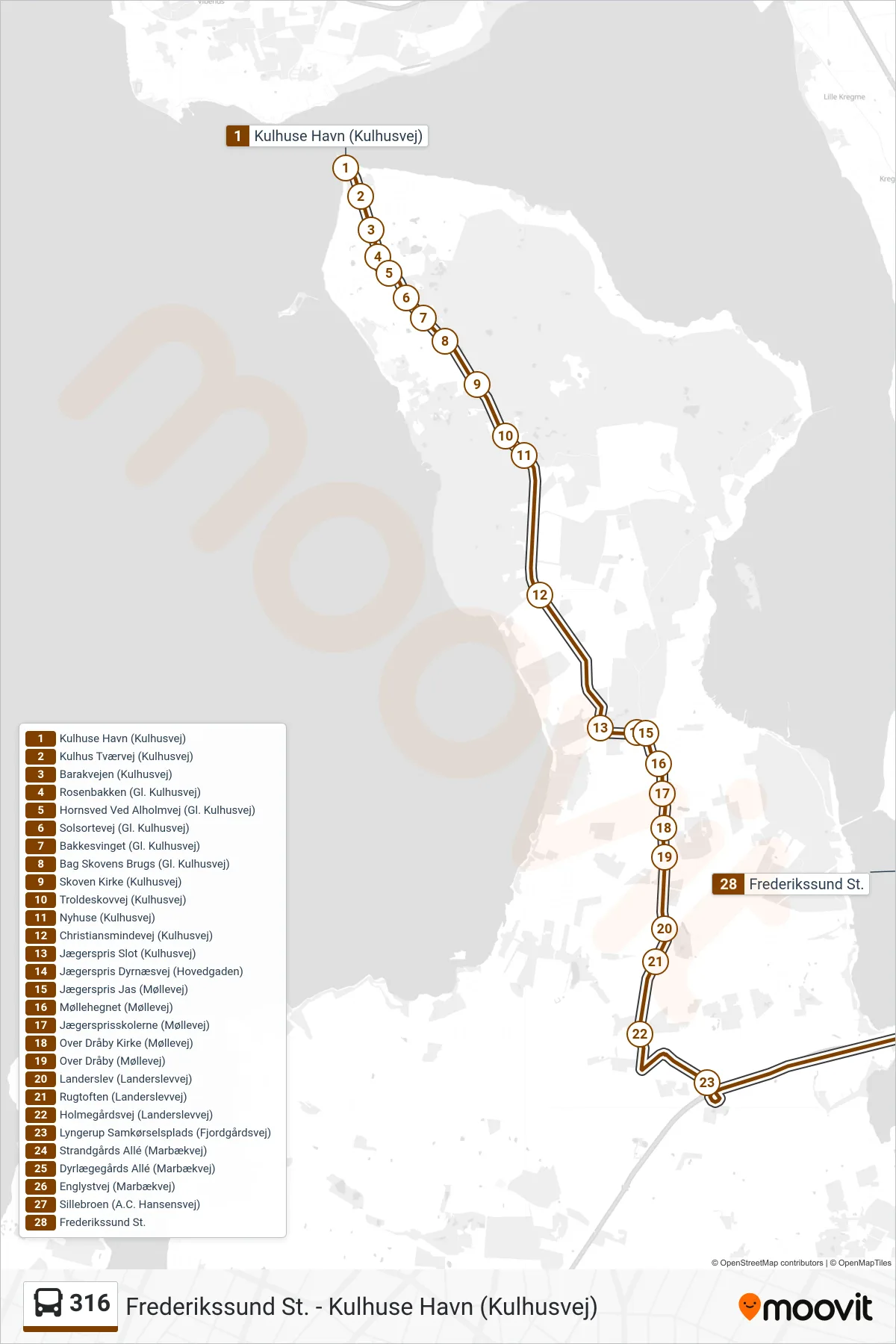 316 bus Linje (Frederikssund St.) rute og stop på et kort