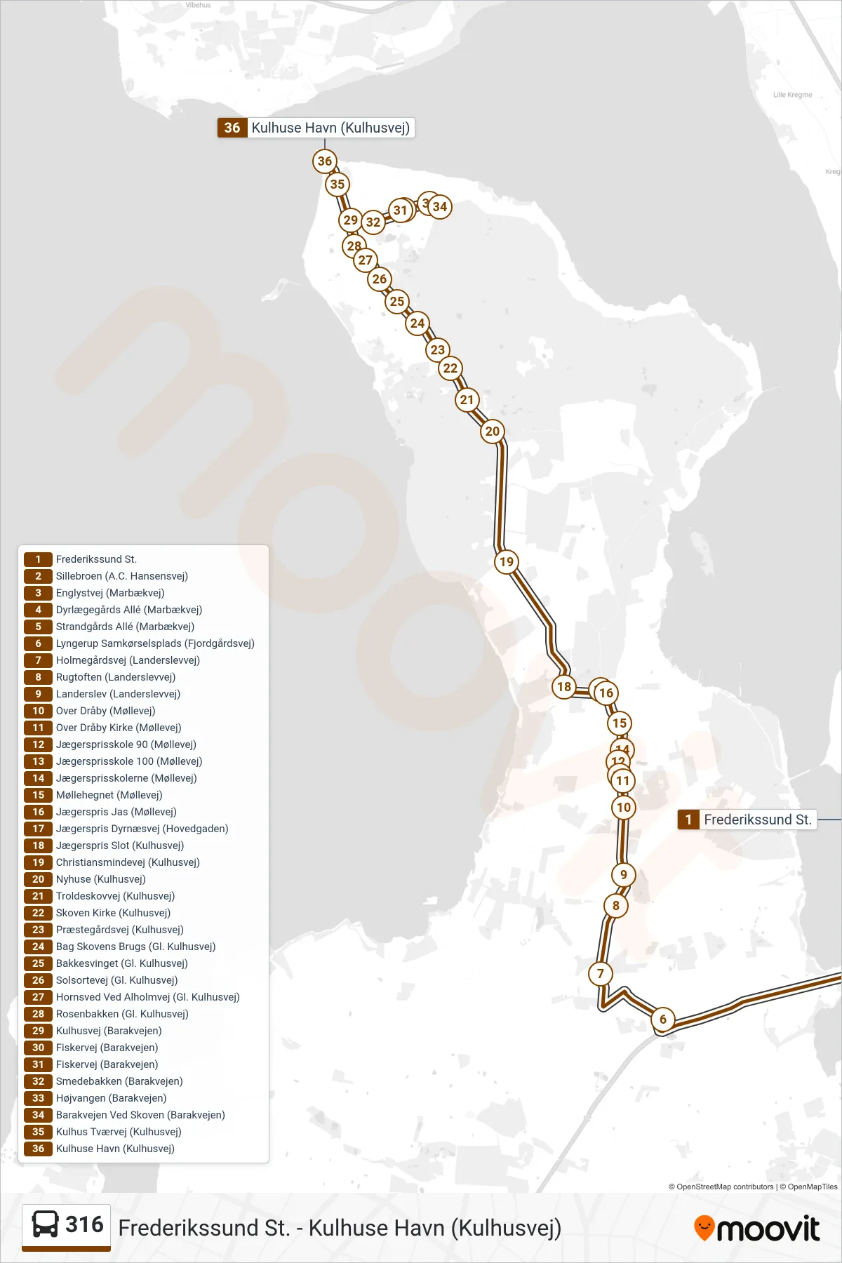 316 bus Linje (Kulhuse) rute og stop på et kort