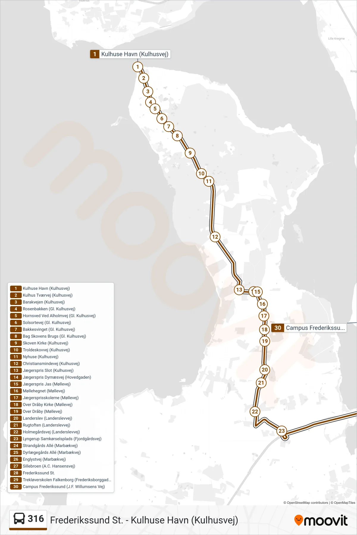316 bus Line (Campus Frederikssund) route and stops on a map