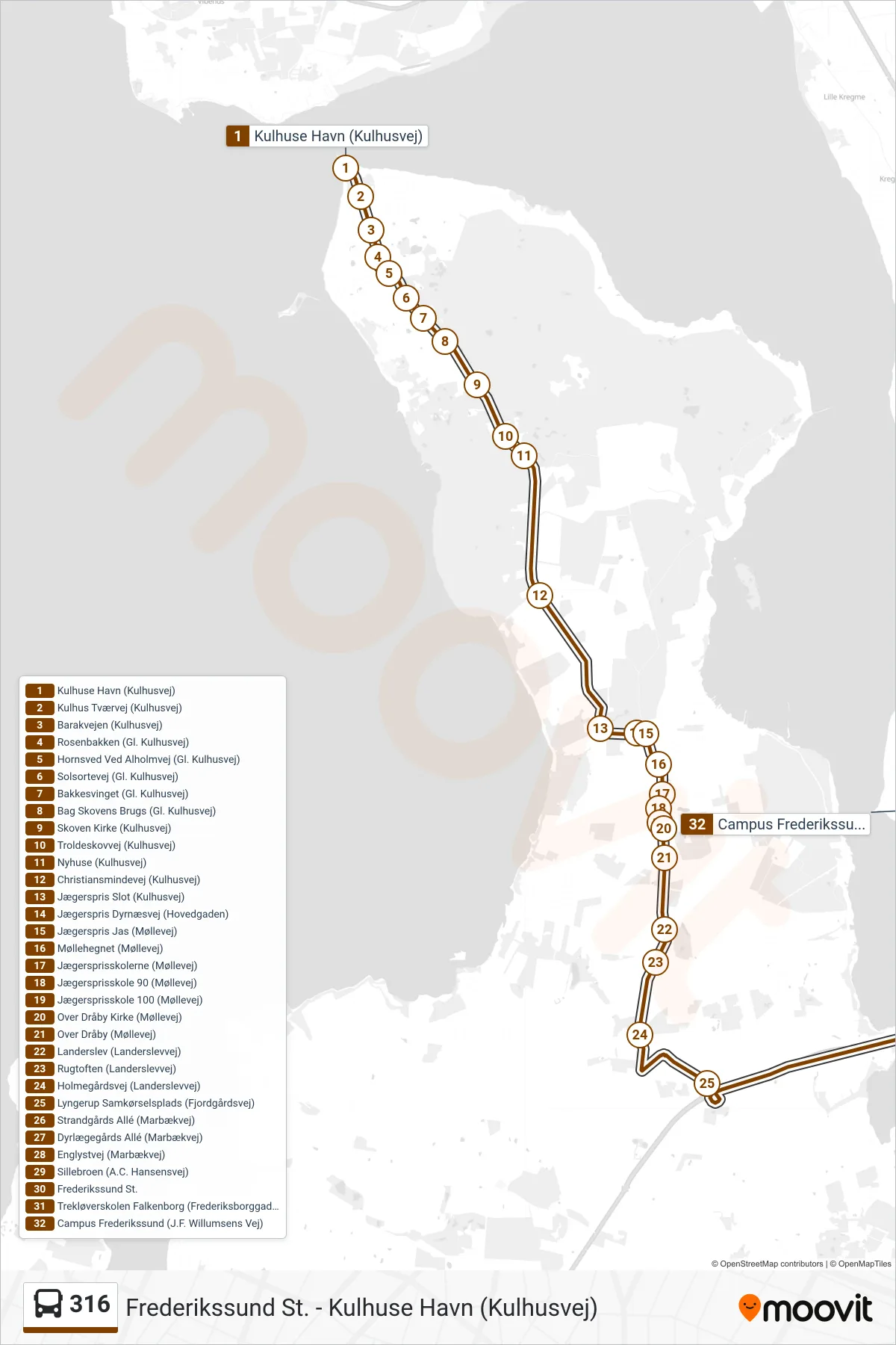 316 bus Line (Campus Frederikssund Via Frederikssund St.) route and stops on a map