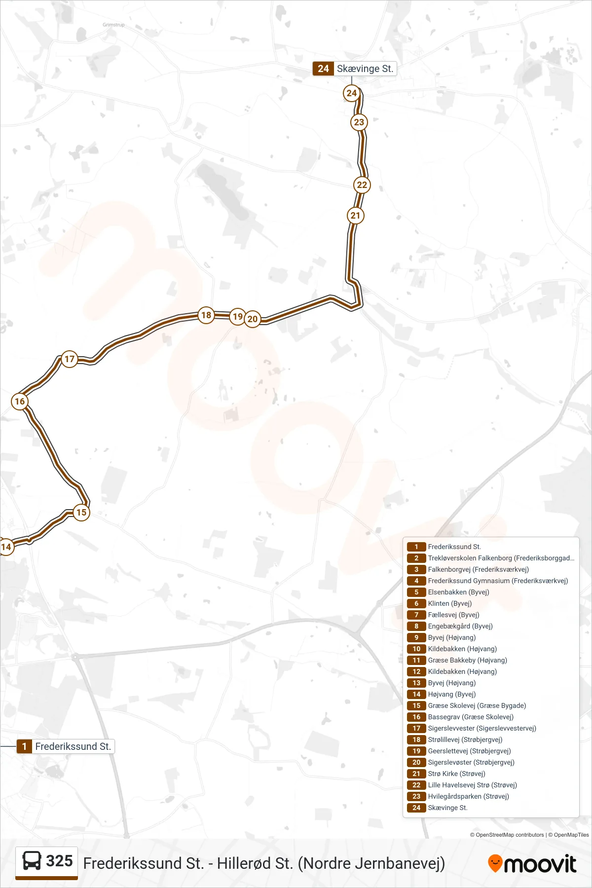 325 bus Line (Skævinge St.) route and stops on a map