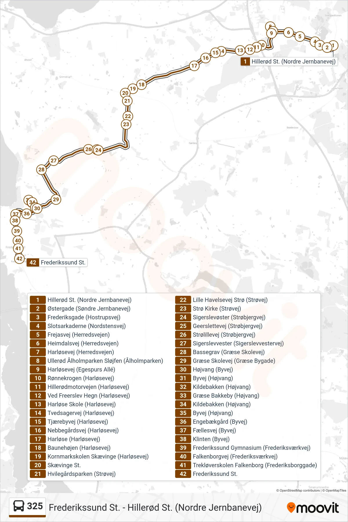 325 bus Linje (Frederikssund St.) rute og stop på et kort