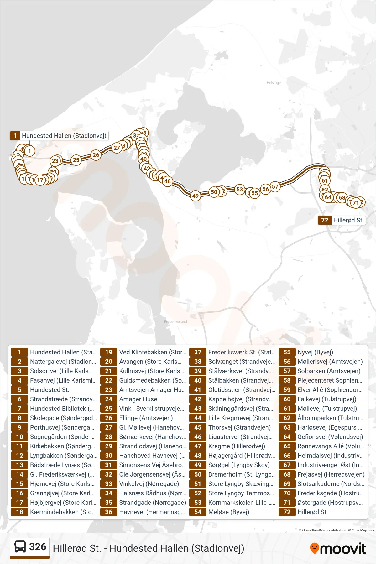 326 bus Linje (Hillerød St.) rute og stop på et kort