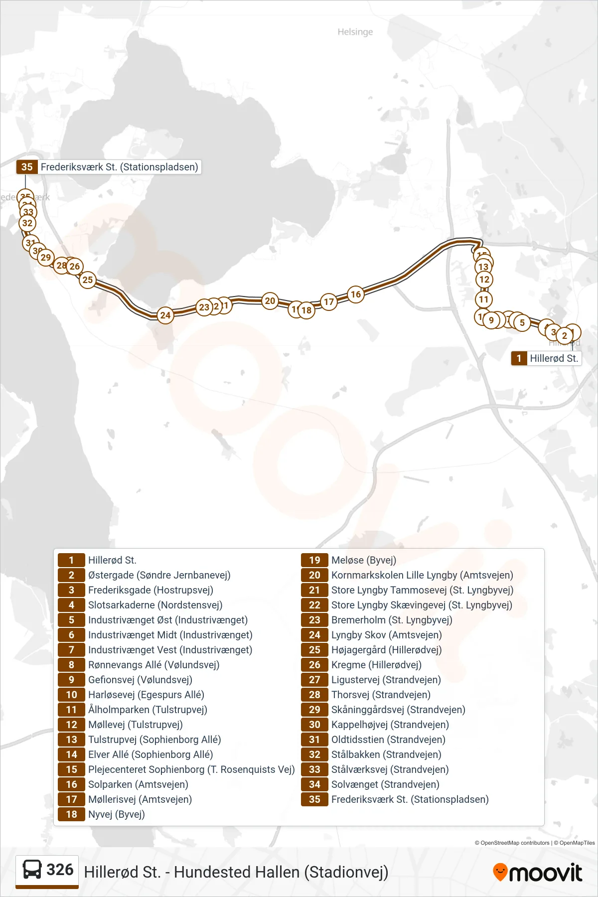 326 bus Line (Frederiksværk St.) route and stops on a map