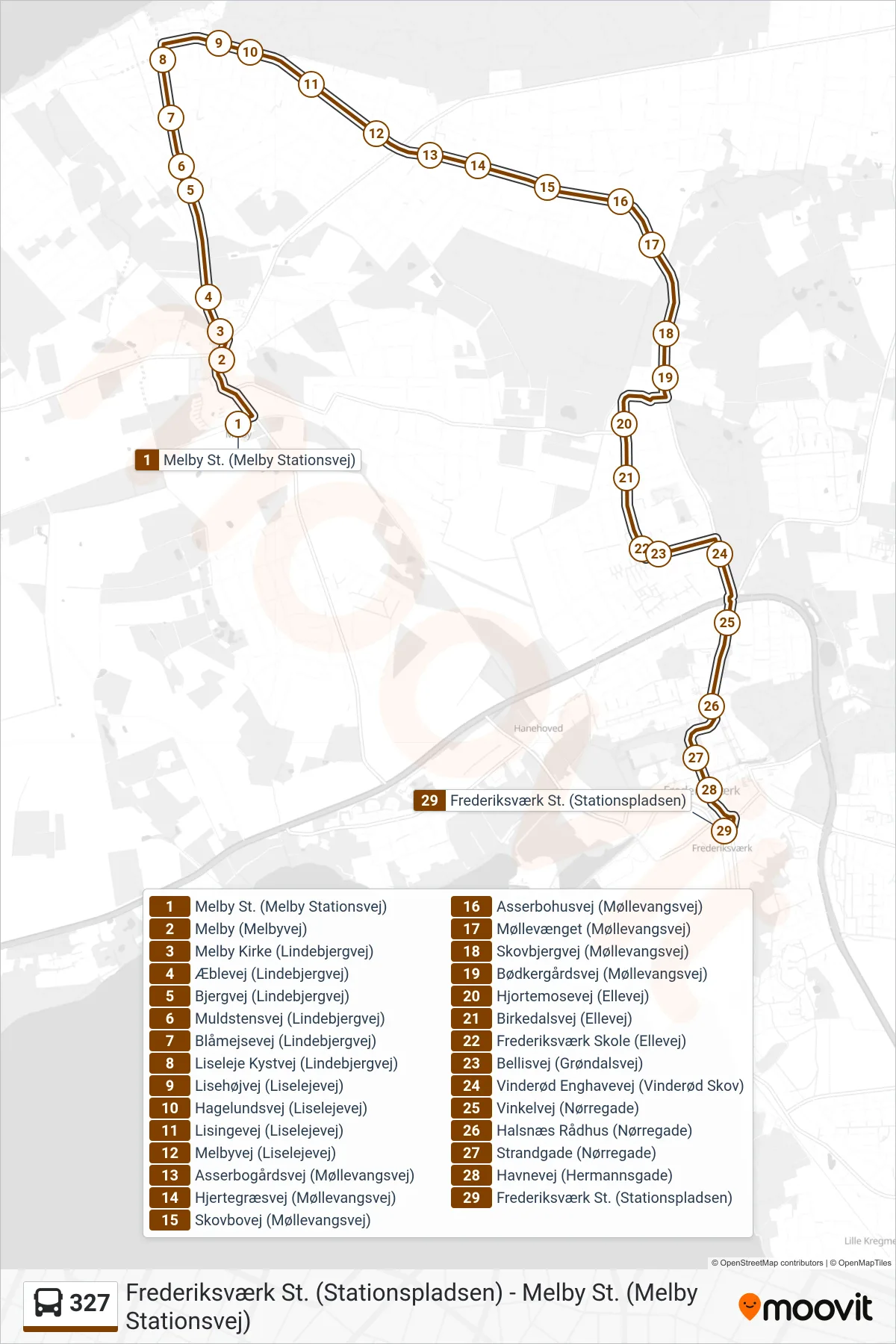 327 bus Linje (Frederiksværk St.) rute og stop på et kort