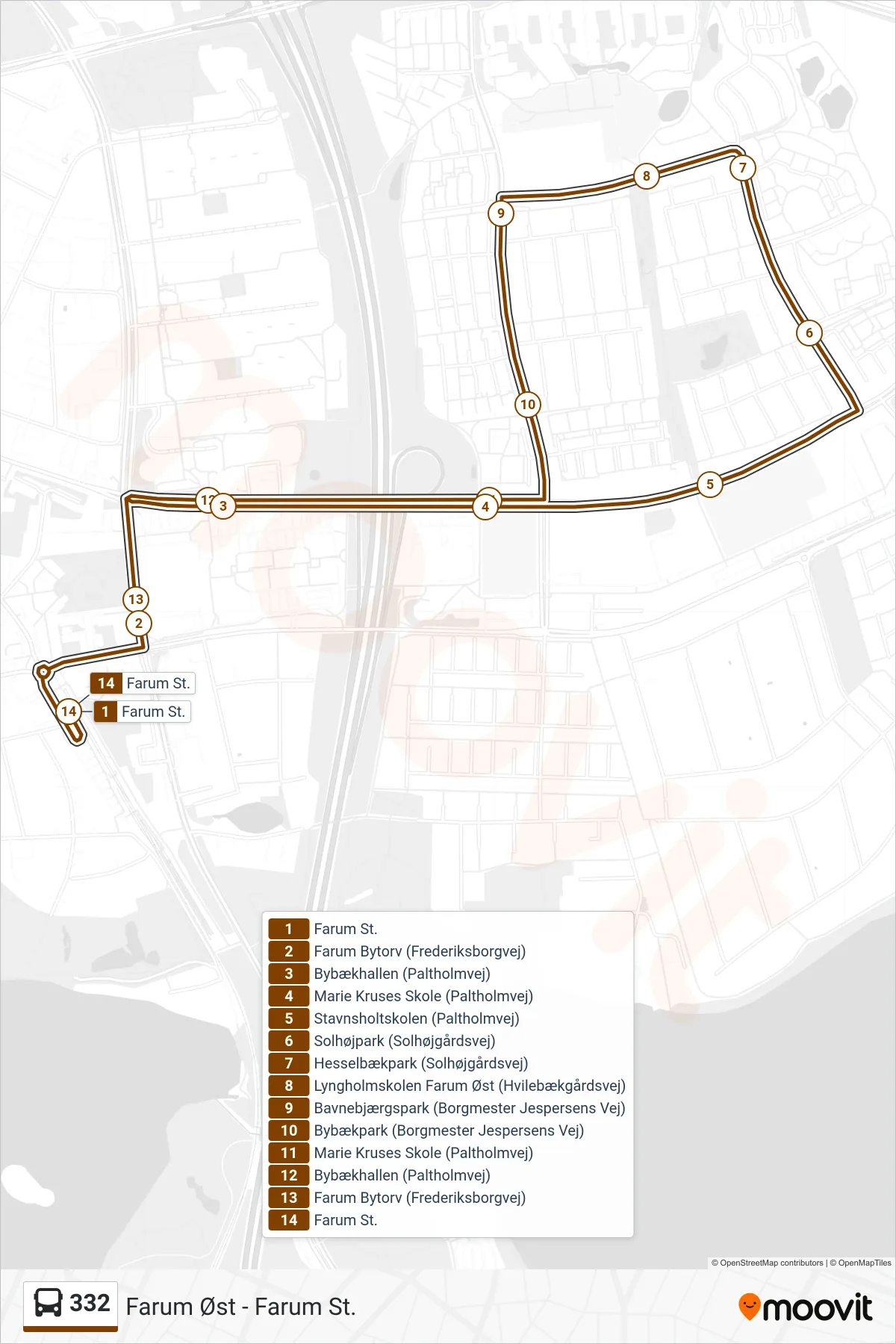 332 bus Linje (Farum Øst - Farum St.) rute og stop på et kort