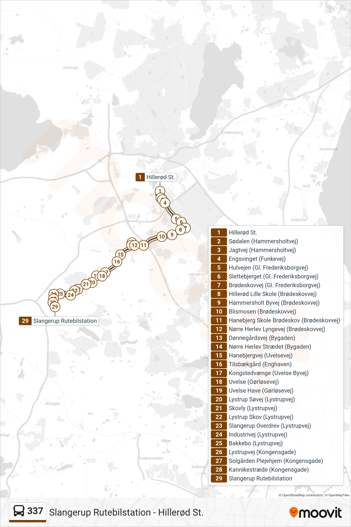 337 bus Line (Slangerup Rutebilstation) route and stops on a map