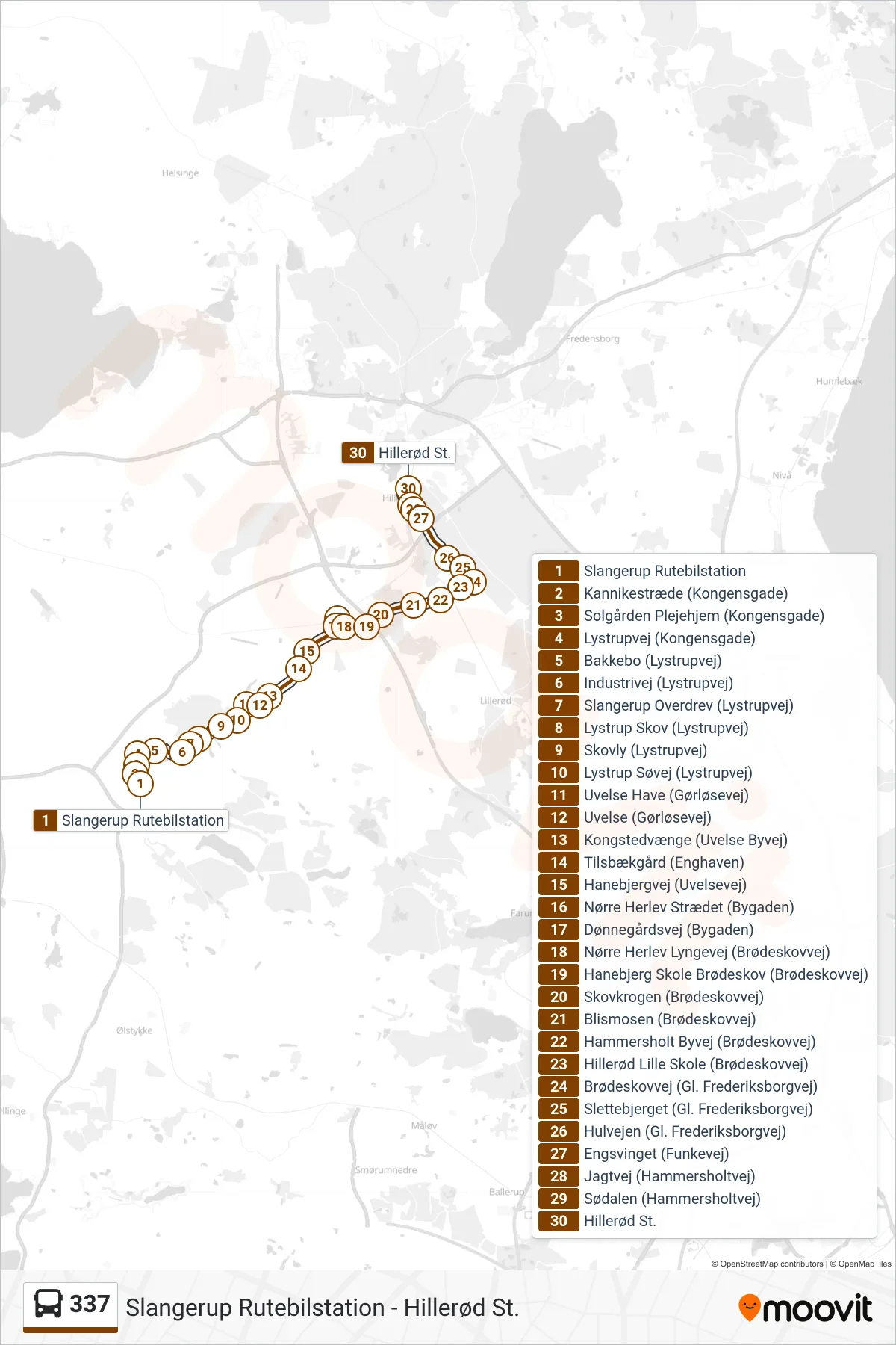 337 bus Linje (Hillerød St.) rute og stop på et kort