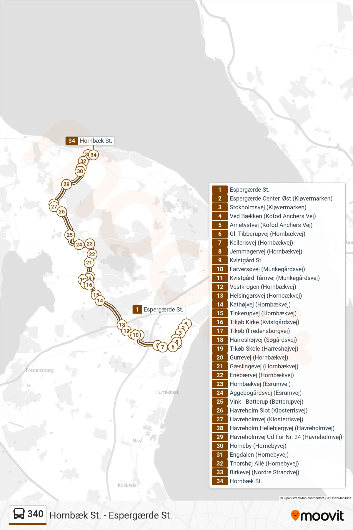 340 bus Linje (Hornbæk St.) rute og stop på et kort