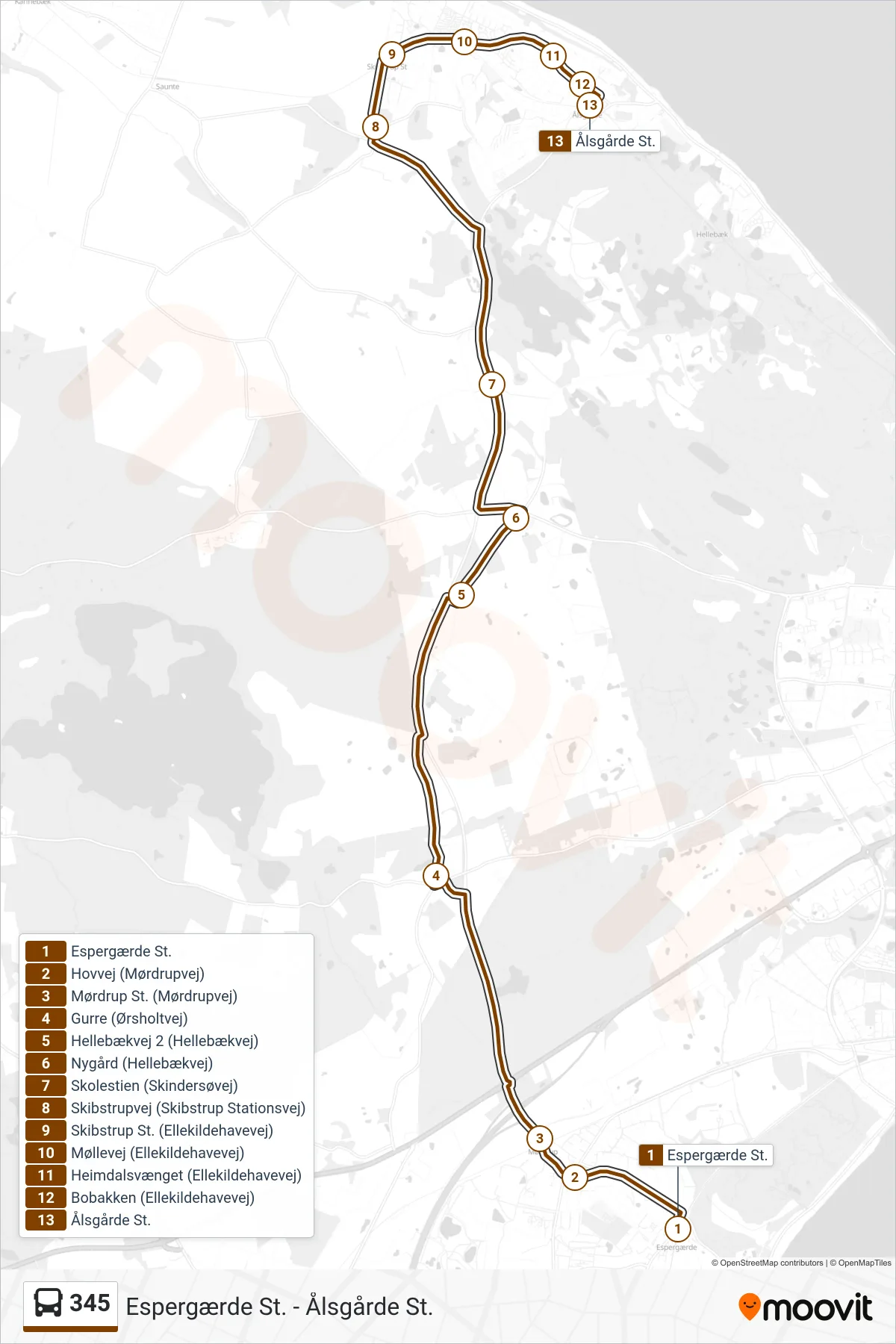 345 bus Linje (Ålsgårde St.) rute og stop på et kort
