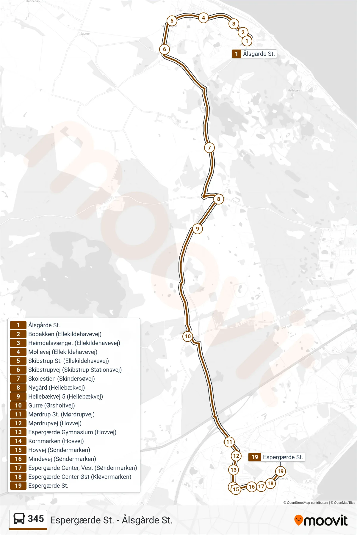 345 bus Linje (Espergærde St.) rute og stop på et kort