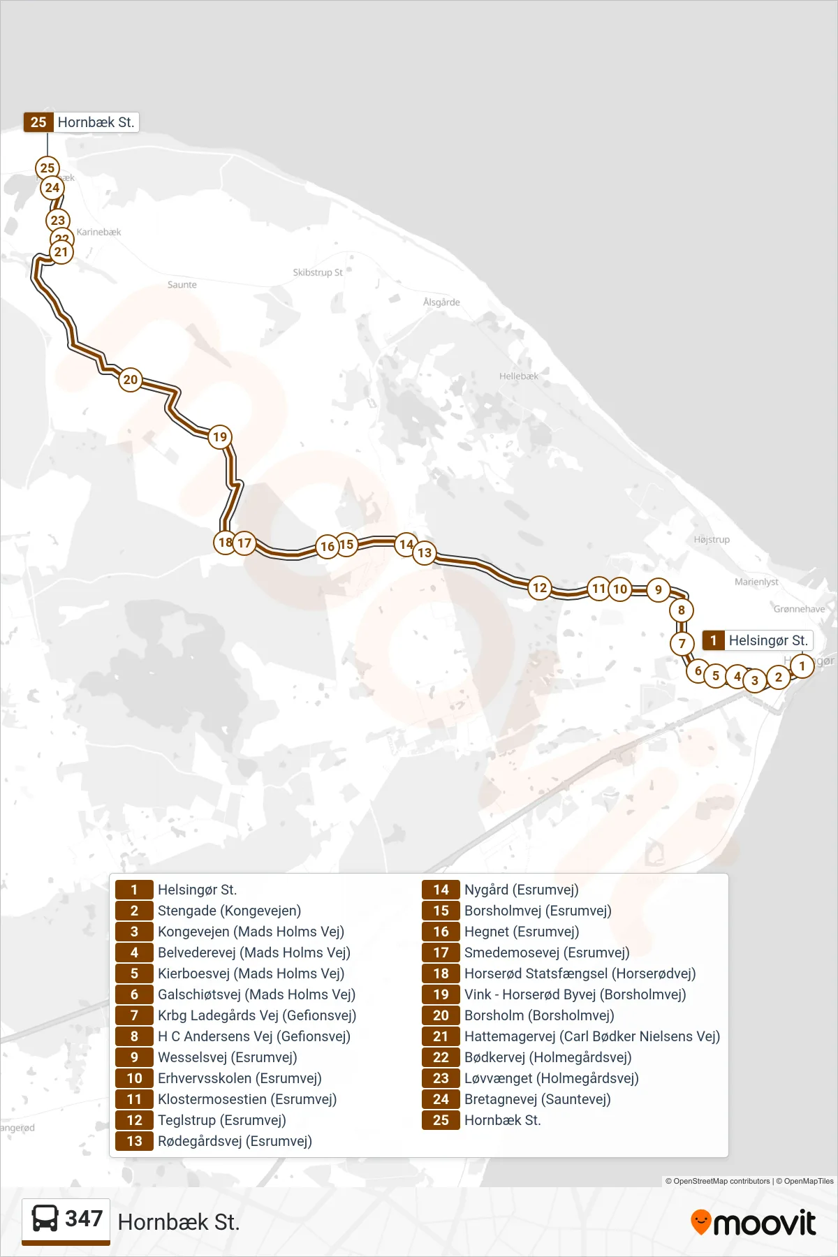 347 bus Linje (Hornbæk St.) rute og stop på et kort