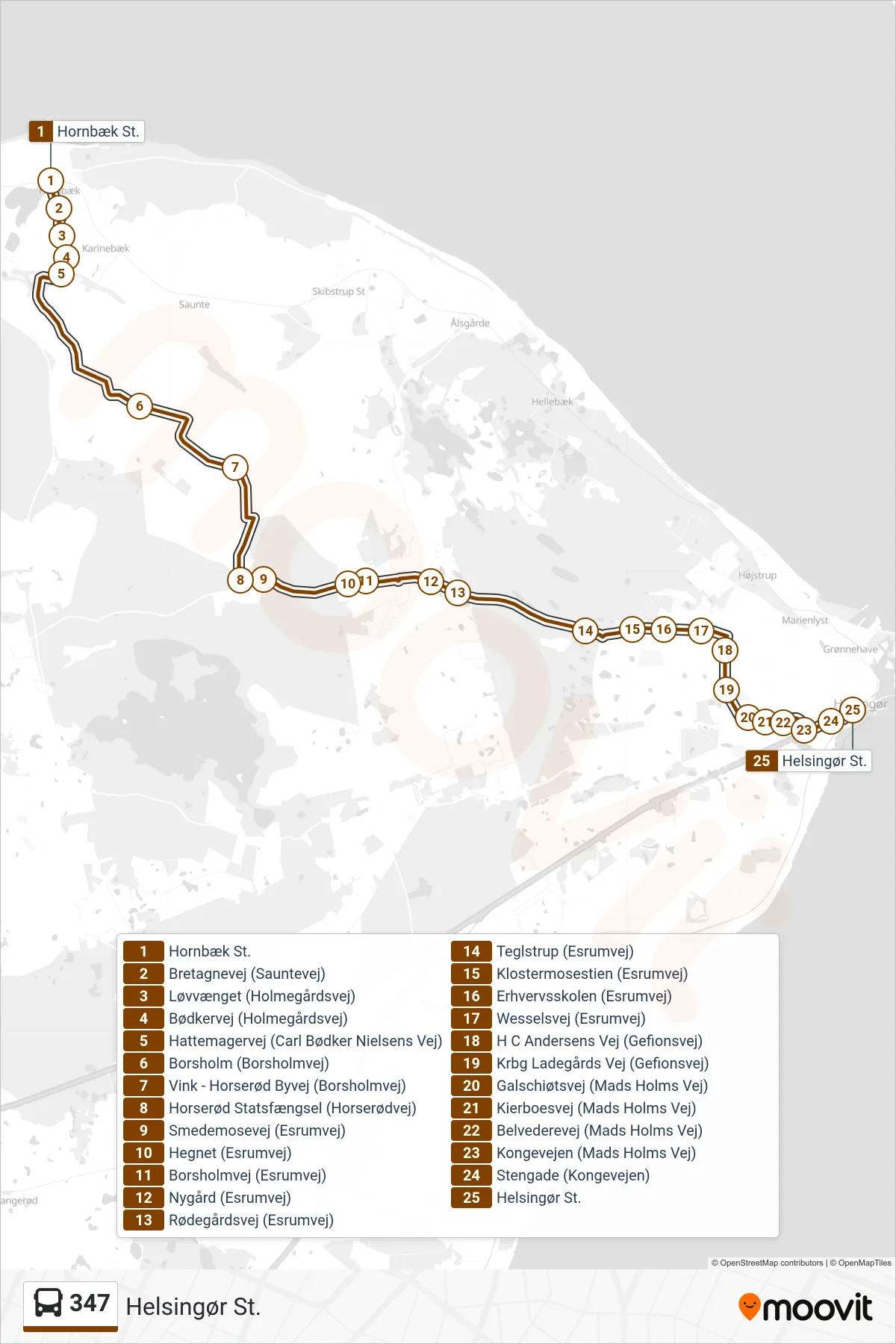 347 bus Linje (Helsingør St.) rute og stop på et kort