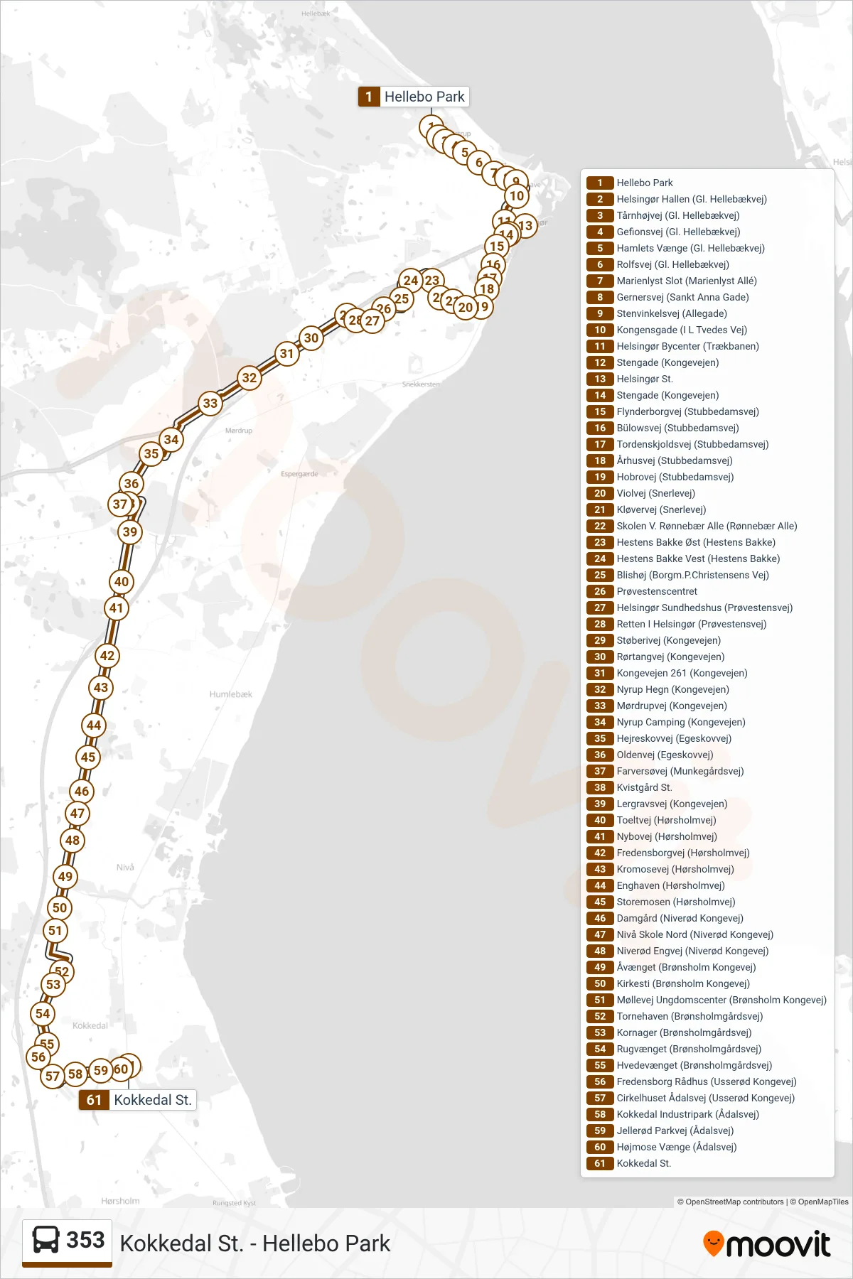 353 bus Line (Kokkedal St.) route and stops on a map