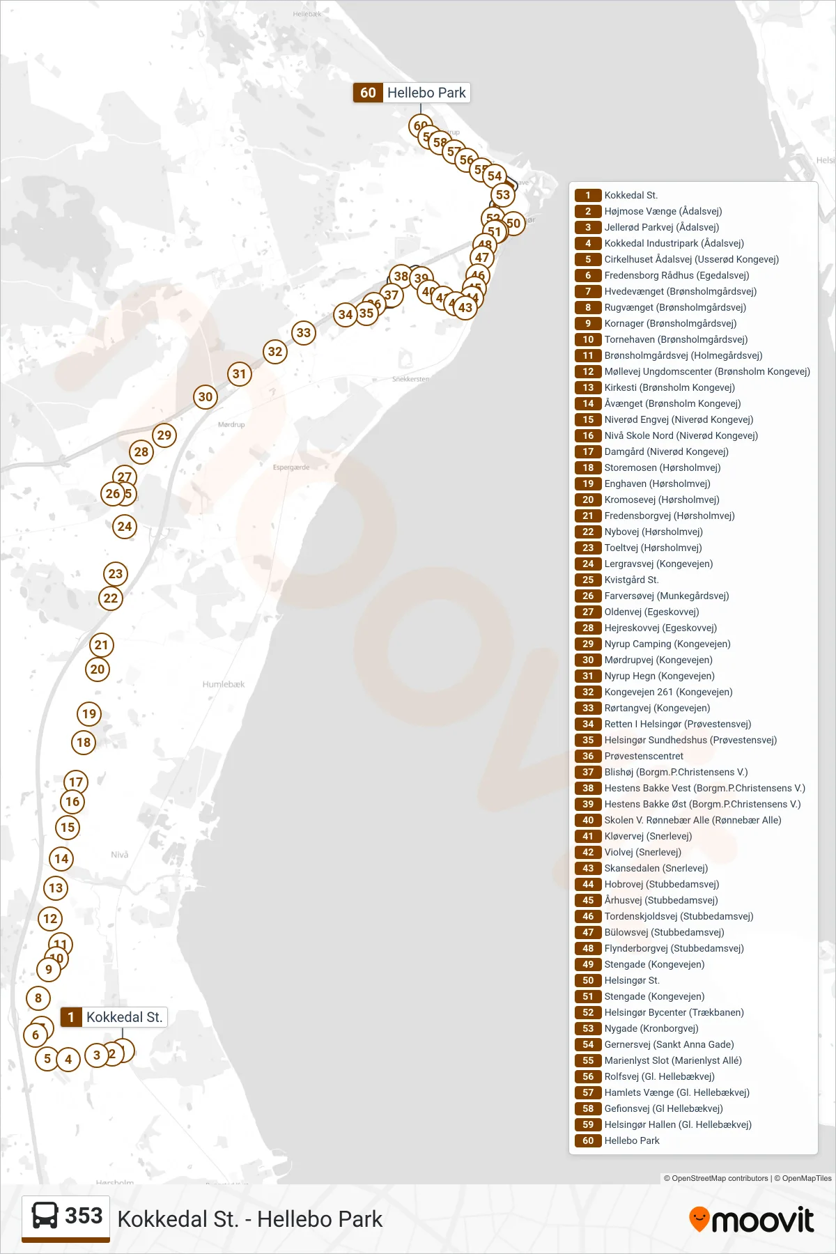 353 bus Linje (Hellebo Park) rute og stop på et kort