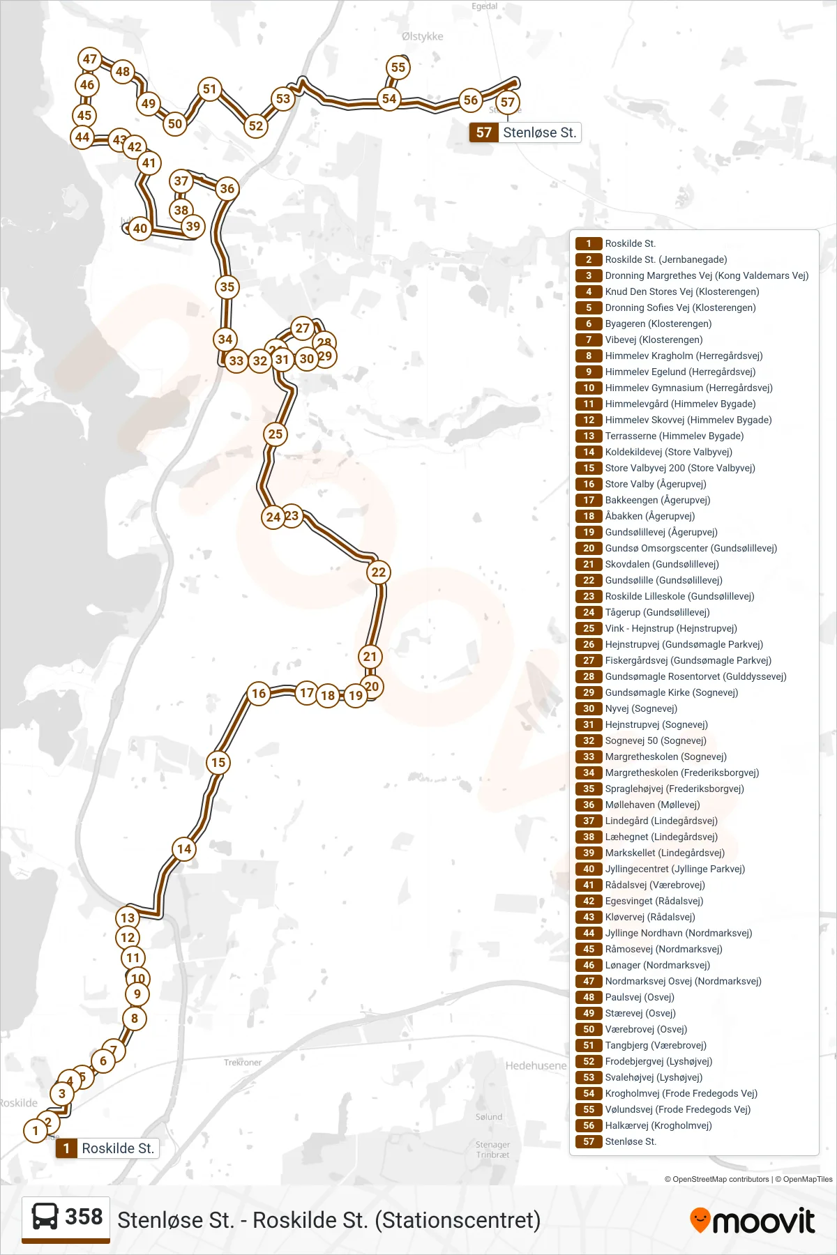 358 bus Linje (Stenløse St.) rute og stop på et kort