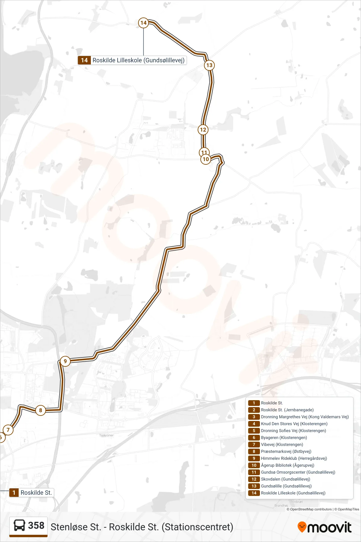 358 bus Linje (Roskilde Lilleskole) rute og stop på et kort