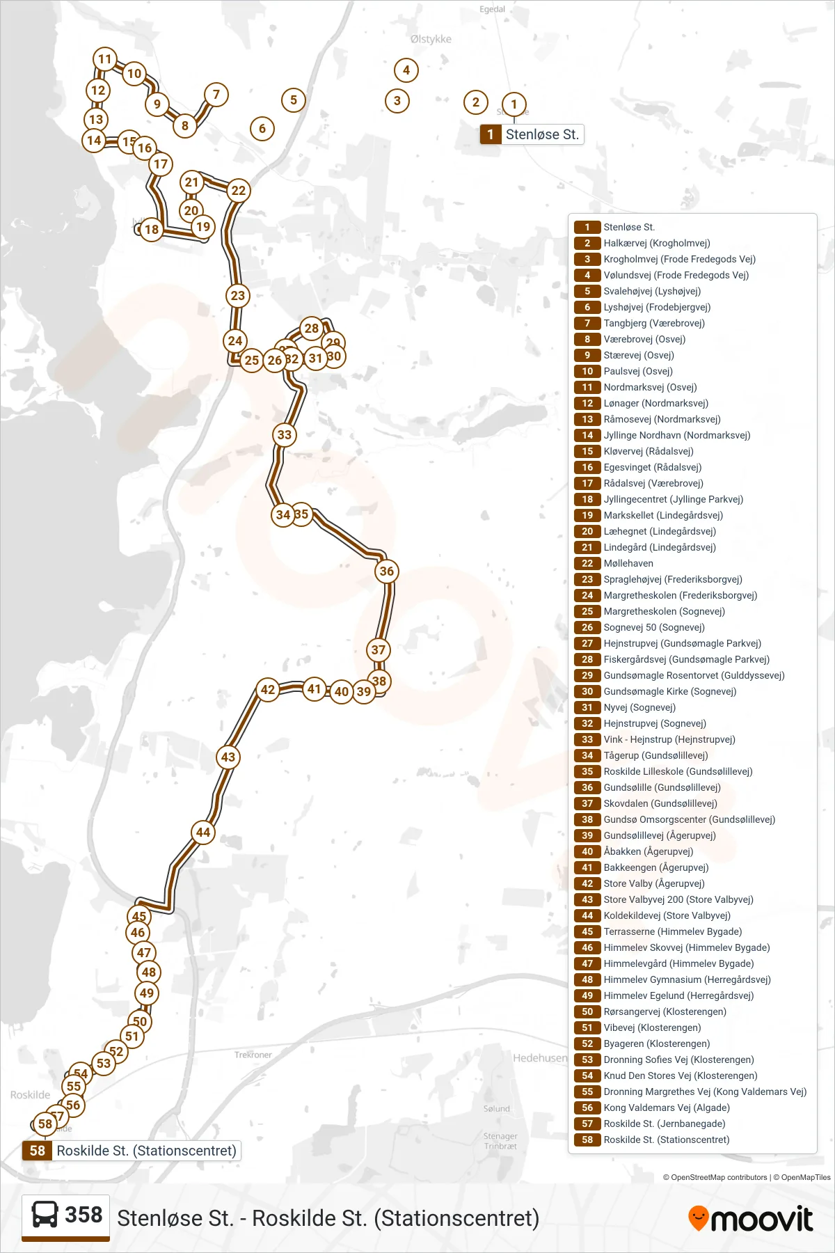 358 bus Line (Roskilde St.) route and stops on a map