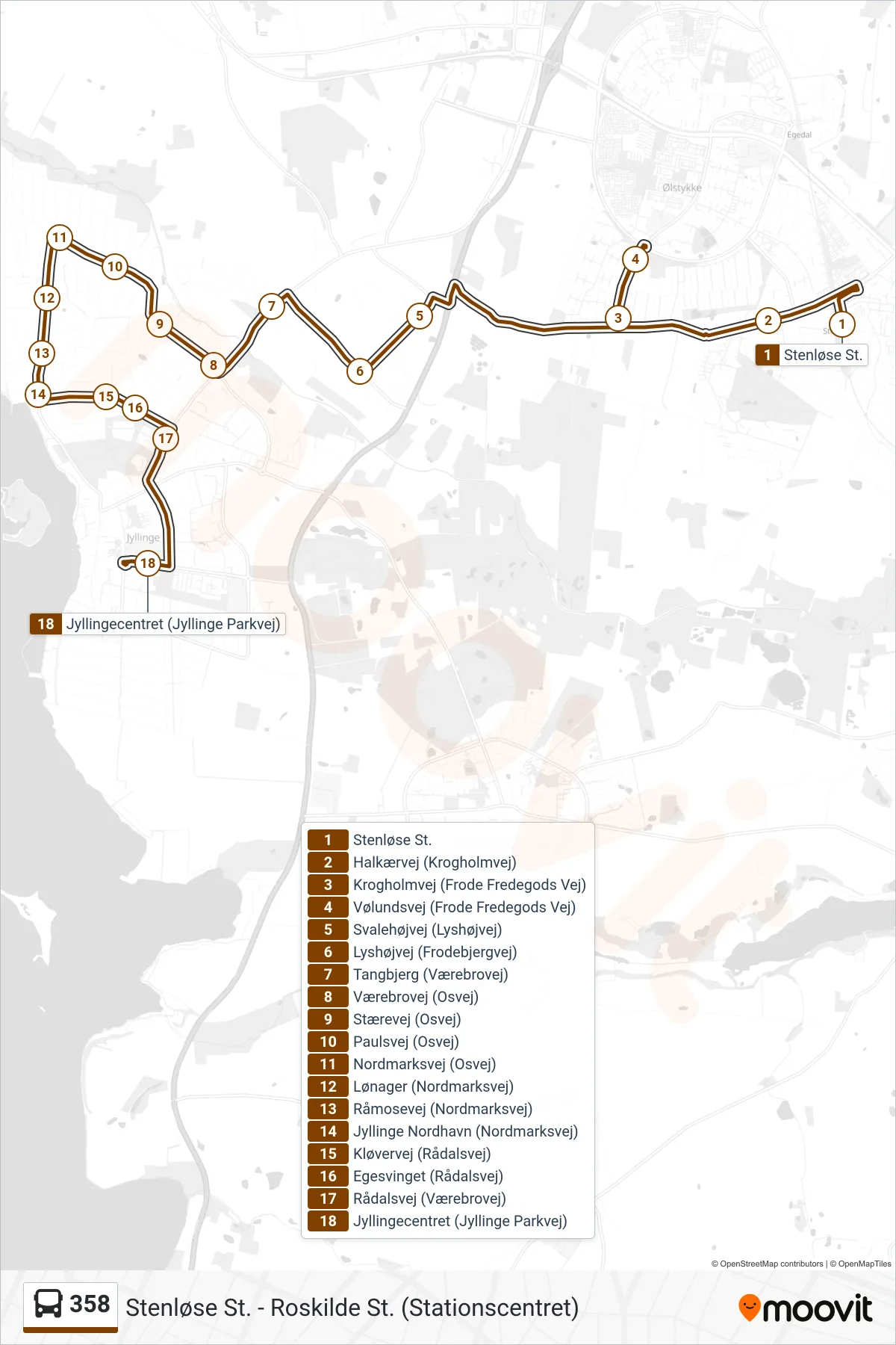 358 bus Linje (Jyllingecentret) rute og stop på et kort