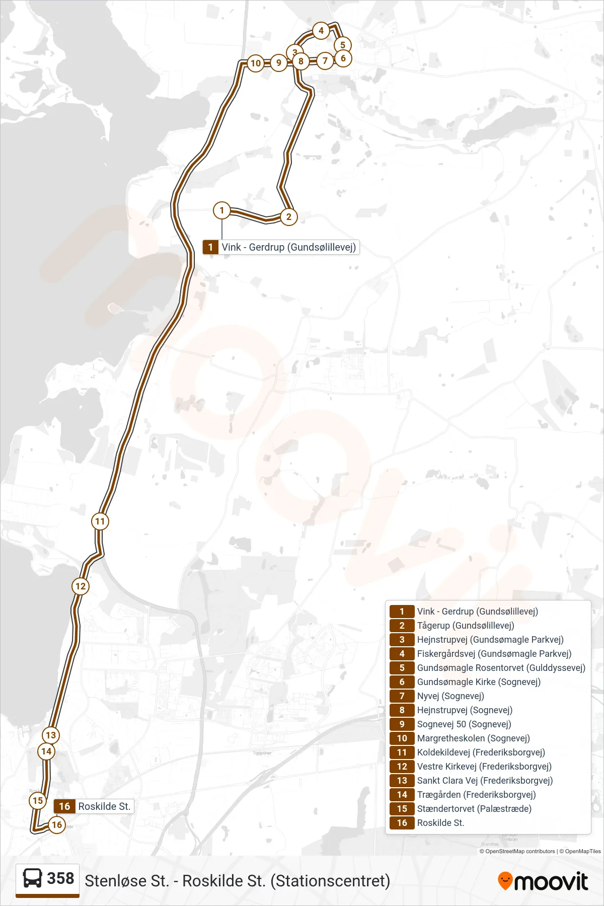 358 bus Linje (Roskilde St. Via Frederiksborgvej) rute og stop på et kort