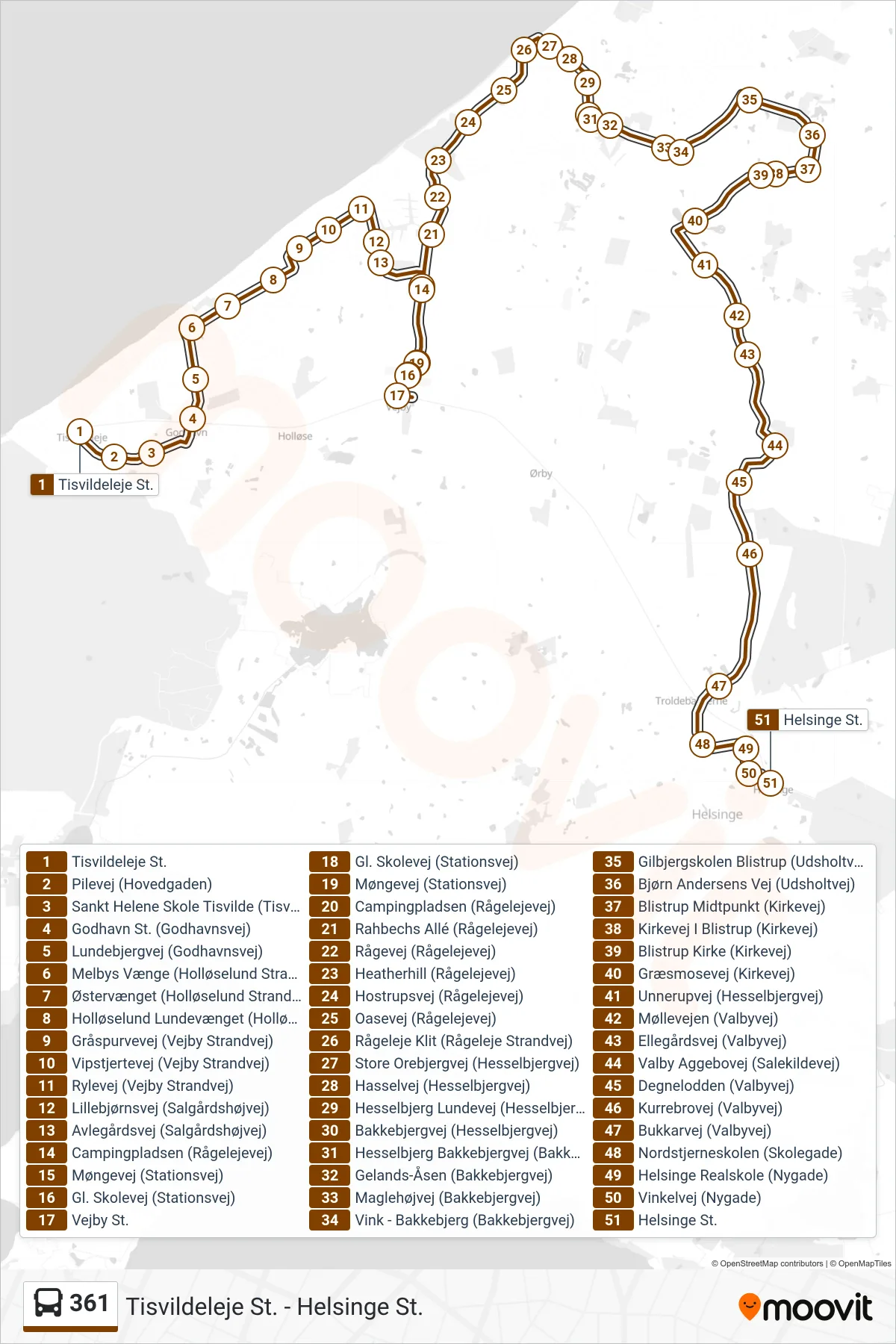 361 bus Linje (Helsinge St.) rute og stop på et kort