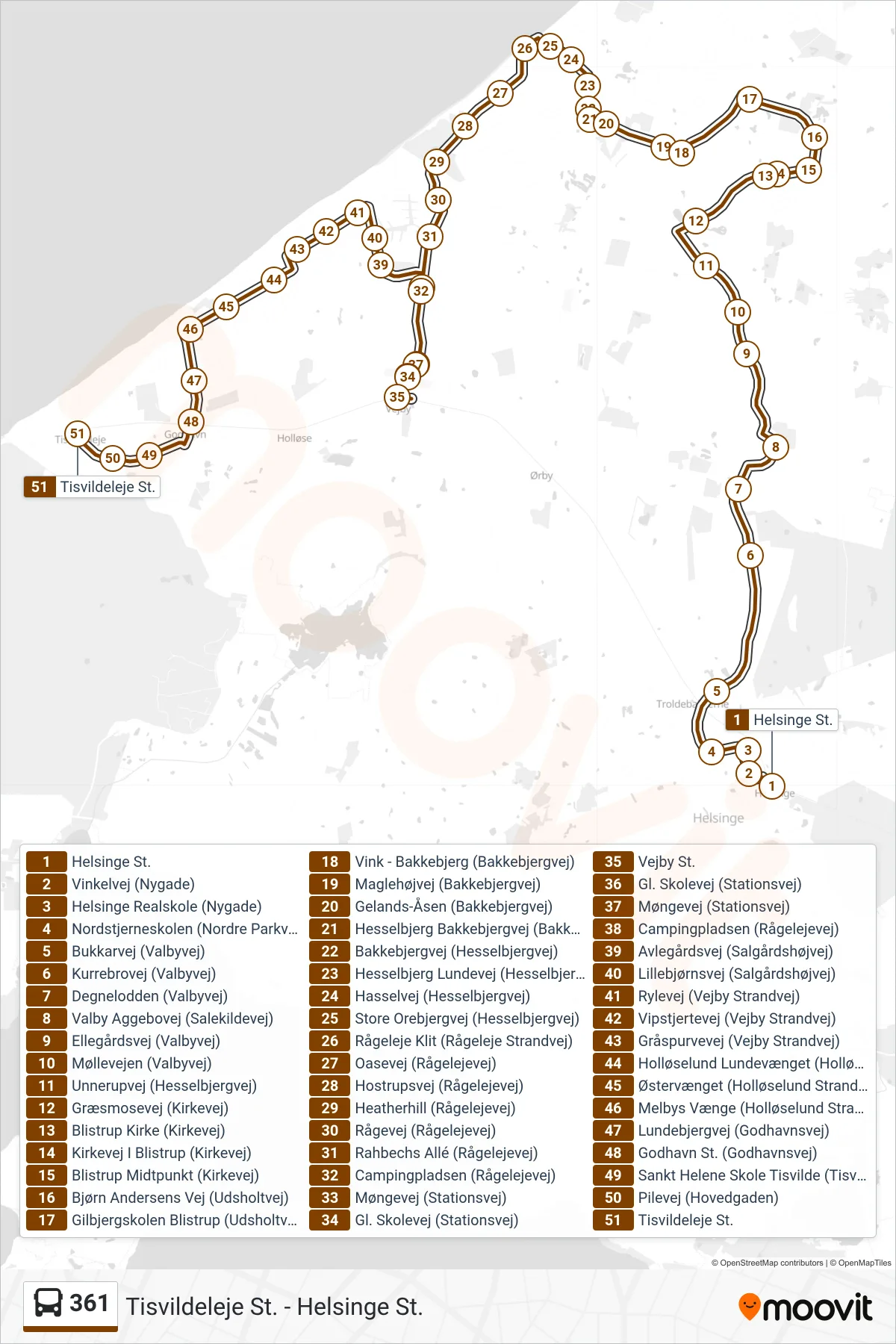 361 bus Linje (Tisvildeleje St.) rute og stop på et kort