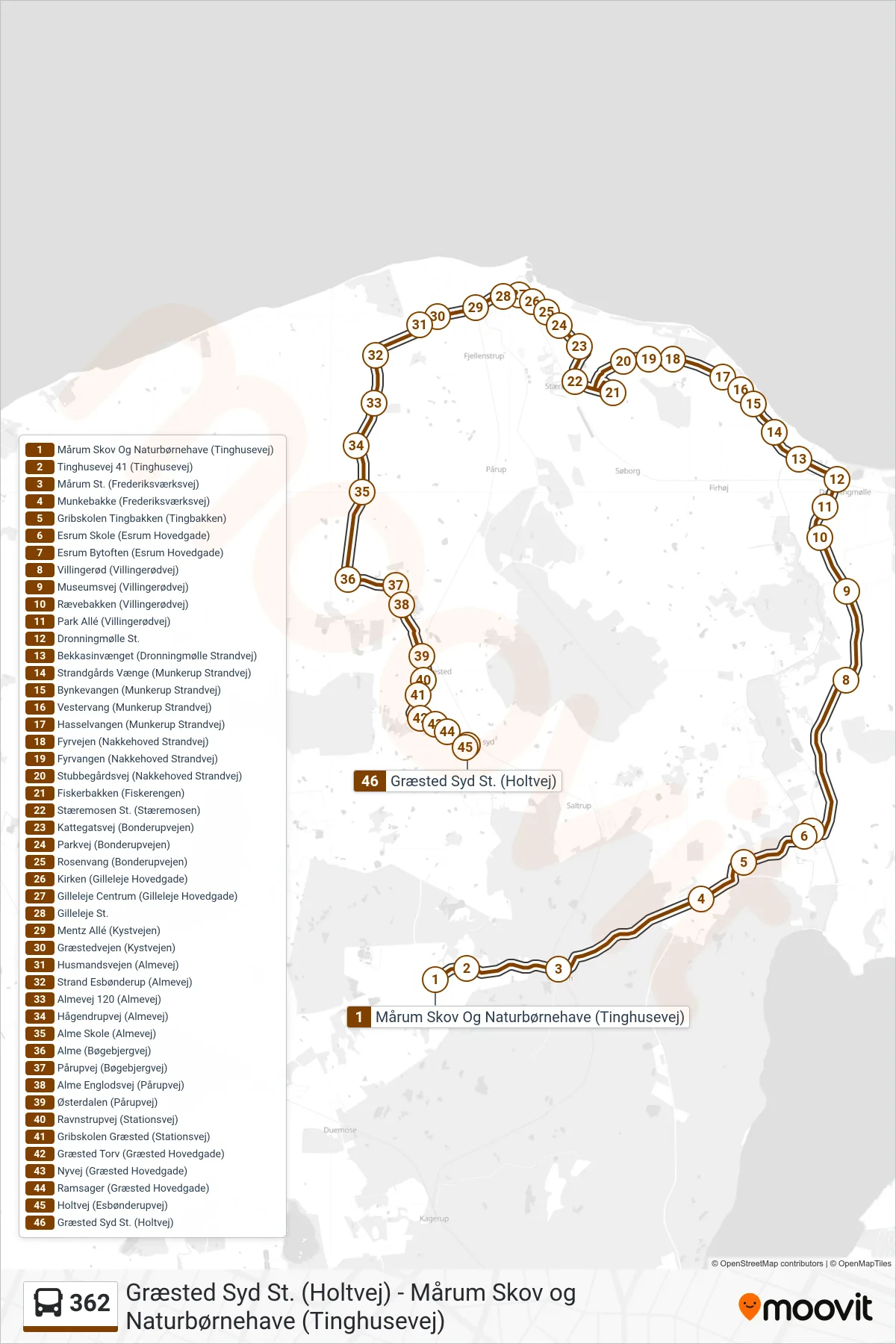 362 bus Linje (Græsted Syd St.) rute og stop på et kort