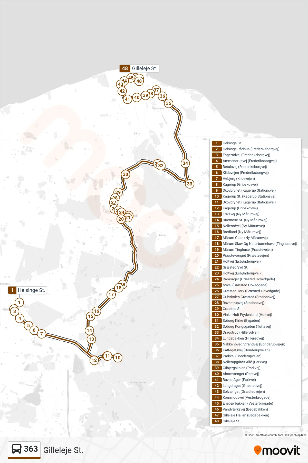 363 bus Linje (Gilleleje St.) rute og stop på et kort