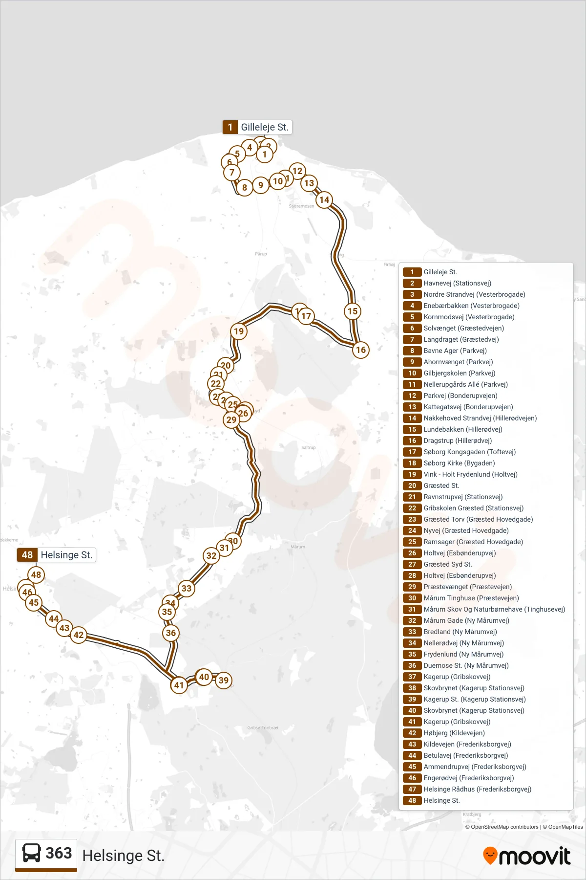 363 bus Linje (Helsinge St.) rute og stop på et kort