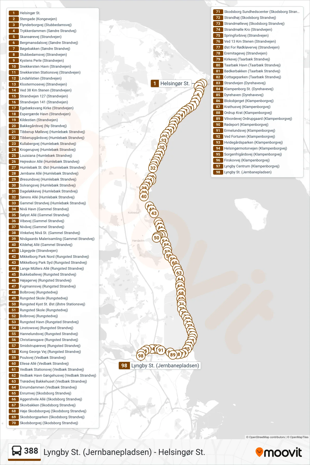 388 bus Linje (Lyngby St.) rute og stop på et kort