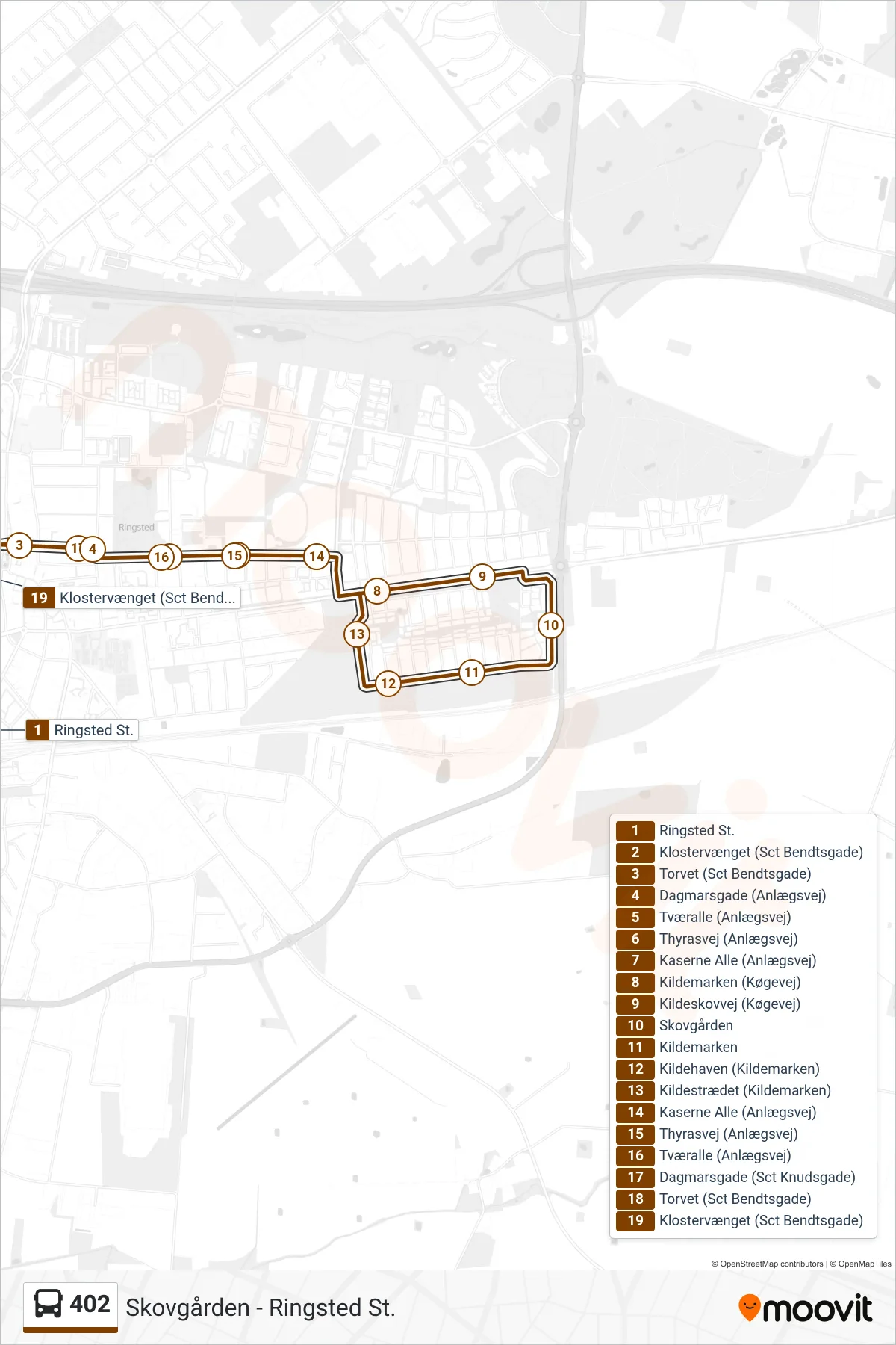 402 bus Linje (Ringsted St.) rute og stop på et kort