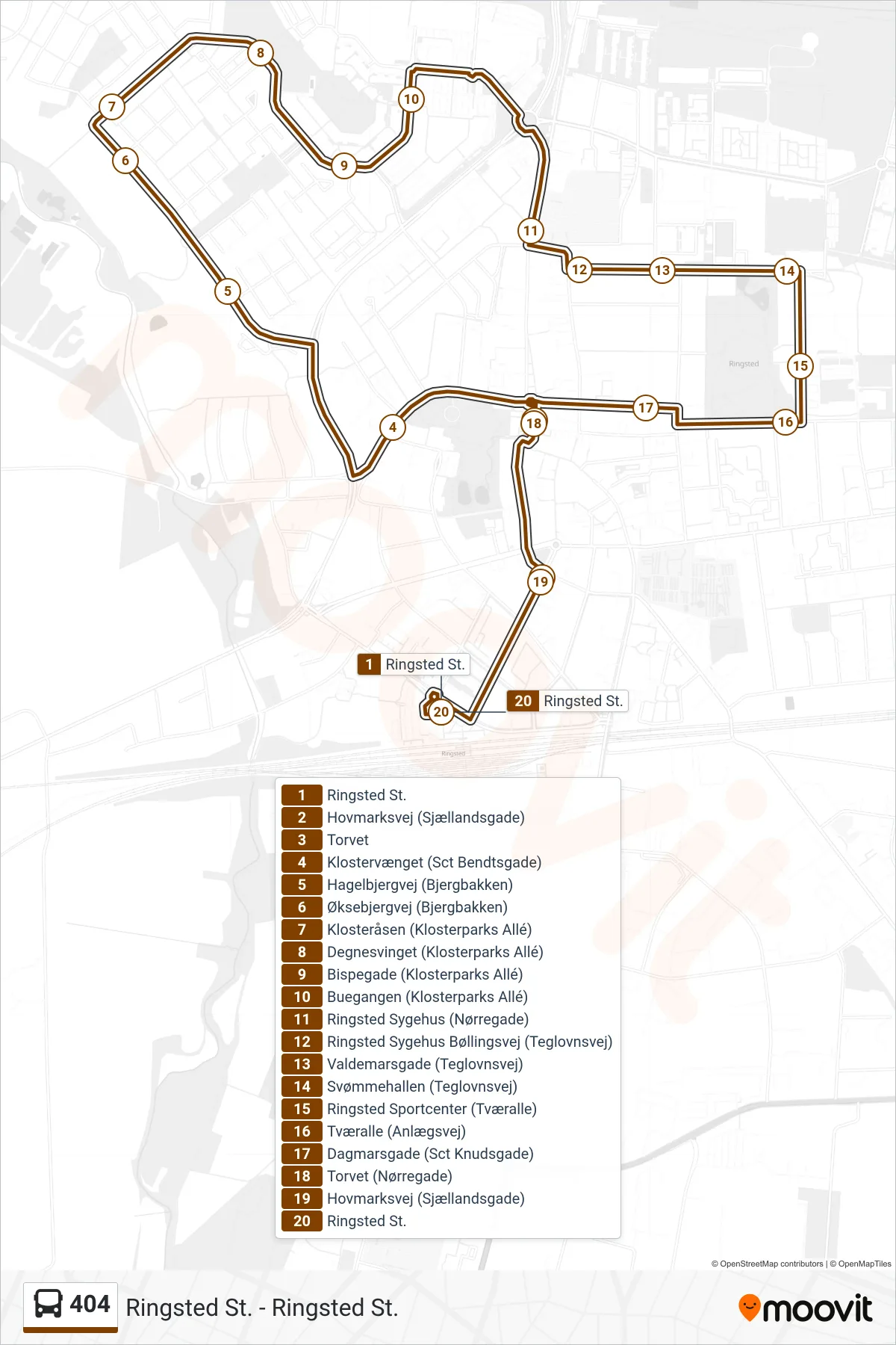 404 bus Linje (Ringsted St.) rute og stop på et kort