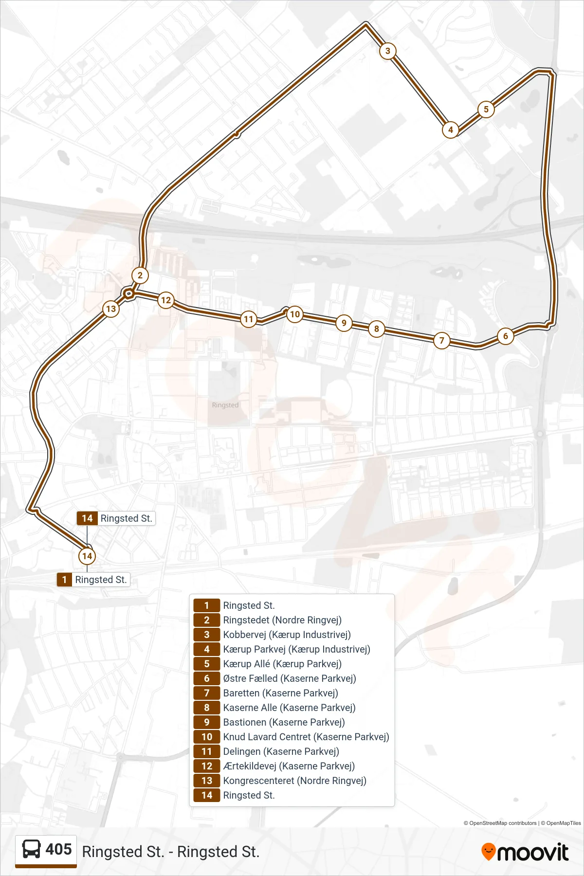 405 bus Linje (Ringsted St.) rute og stop på et kort