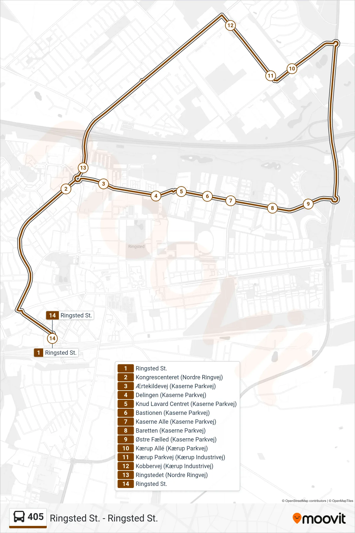 405 bus Linje (Ringsted St.) rute og stop på et kort