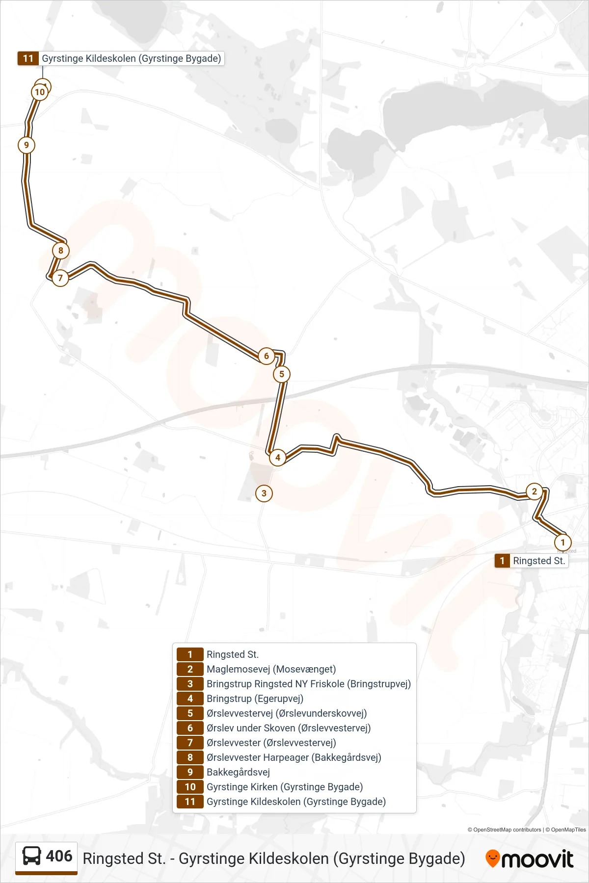 406 bus Linje (Gyrstinge Kildeskolen) rute og stop på et kort