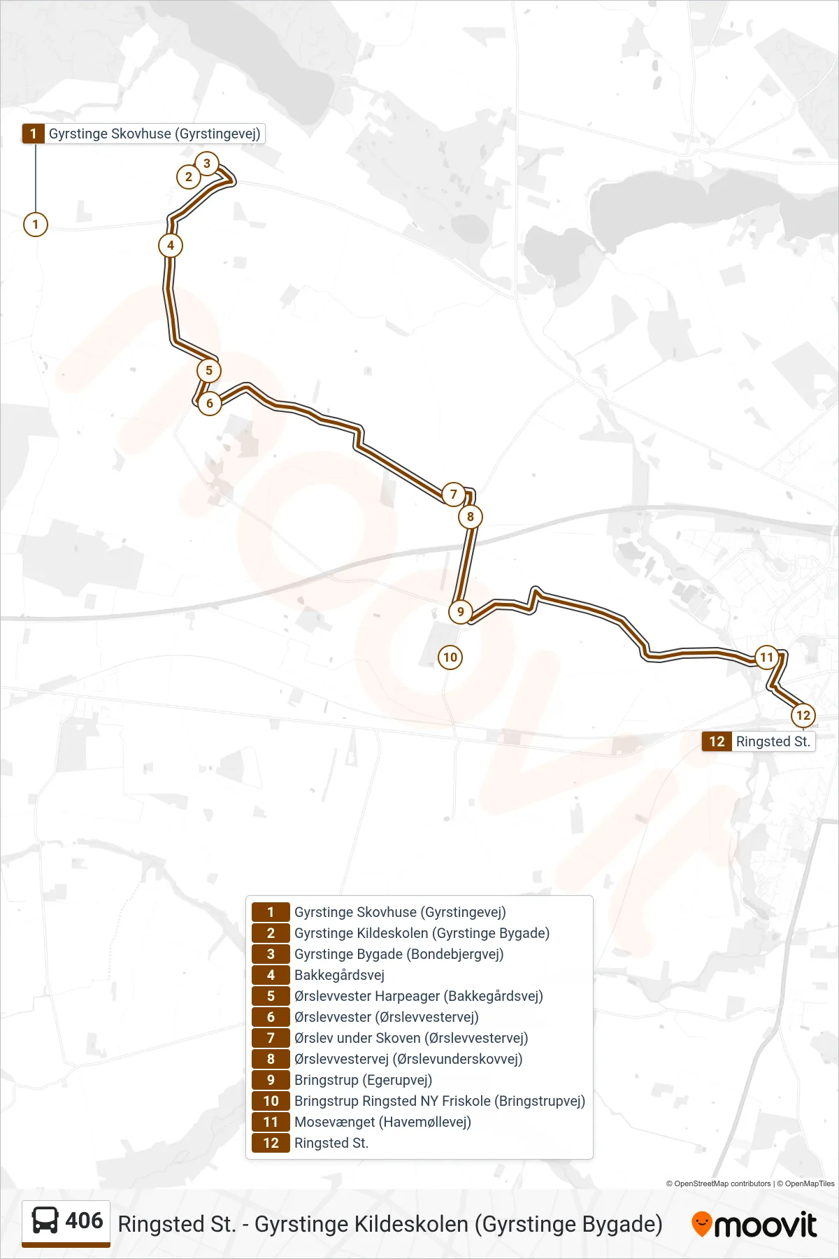 406 bus Linje (Ringsted St.) rute og stop på et kort