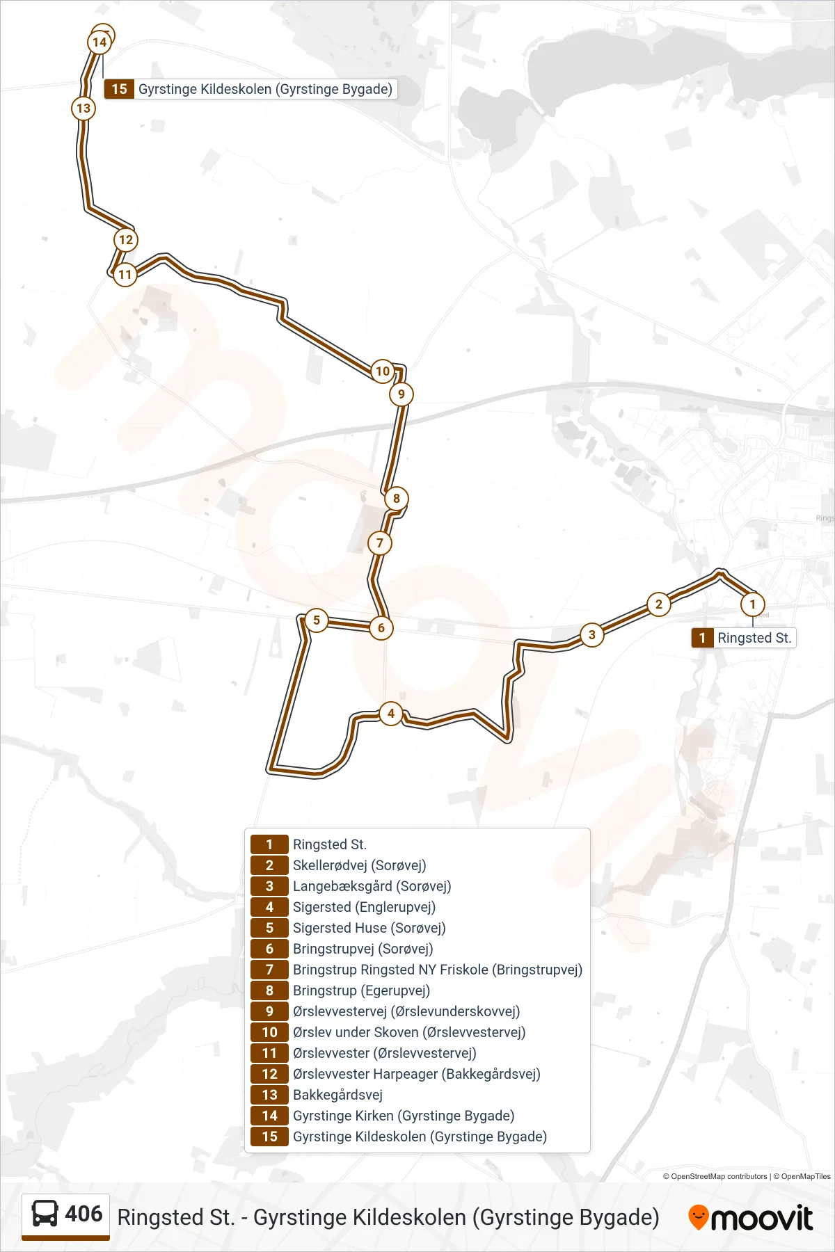 406 bus Linje (Gyrstinge Kildeskolen (Gyrstinge Bygade)) rute og stop på et kort