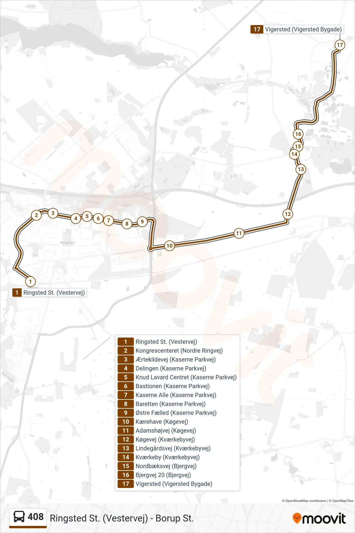 408 bus Linje (Vigersted Skole) rute og stop på et kort
