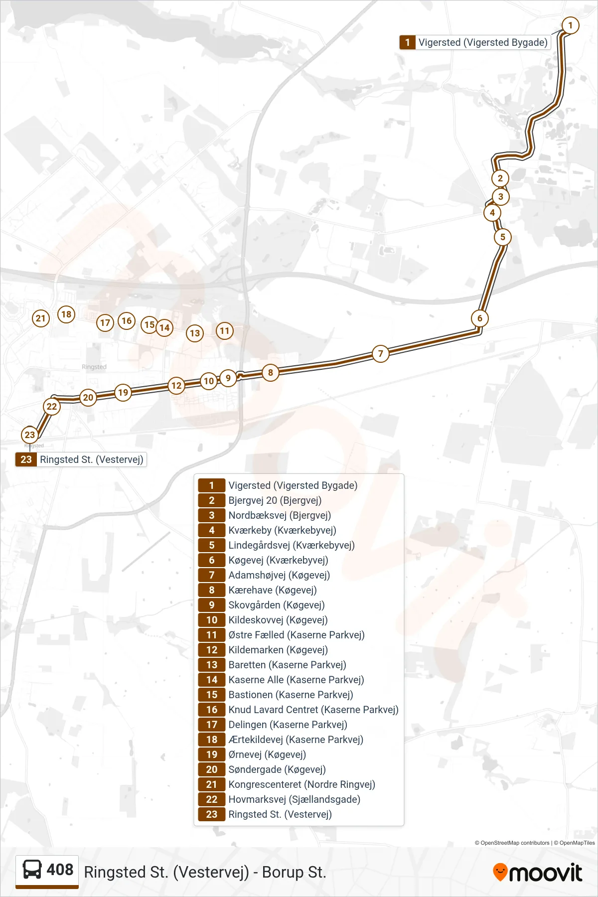 408 bus Linje (Ringsted St.) rute og stop på et kort