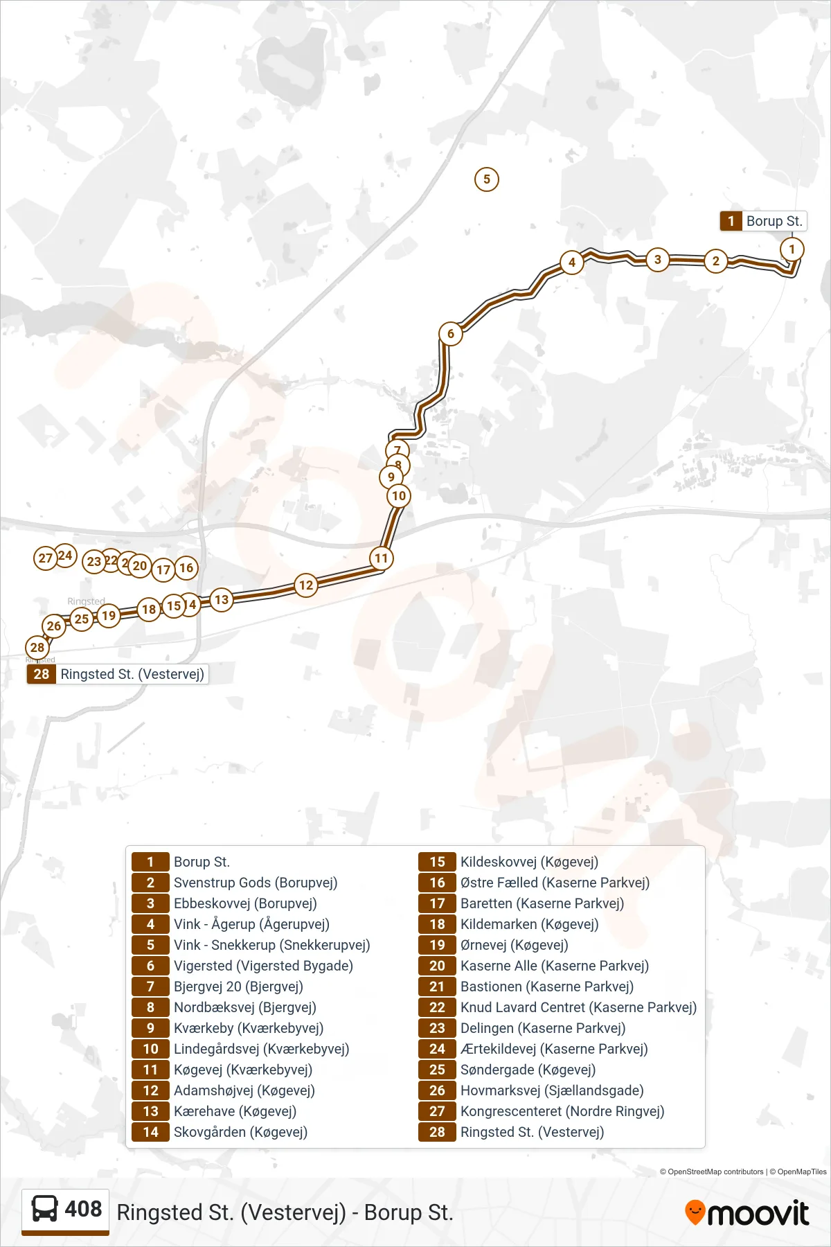 408 bus Linje (Ringsted St. (Vestervej)) rute og stop på et kort