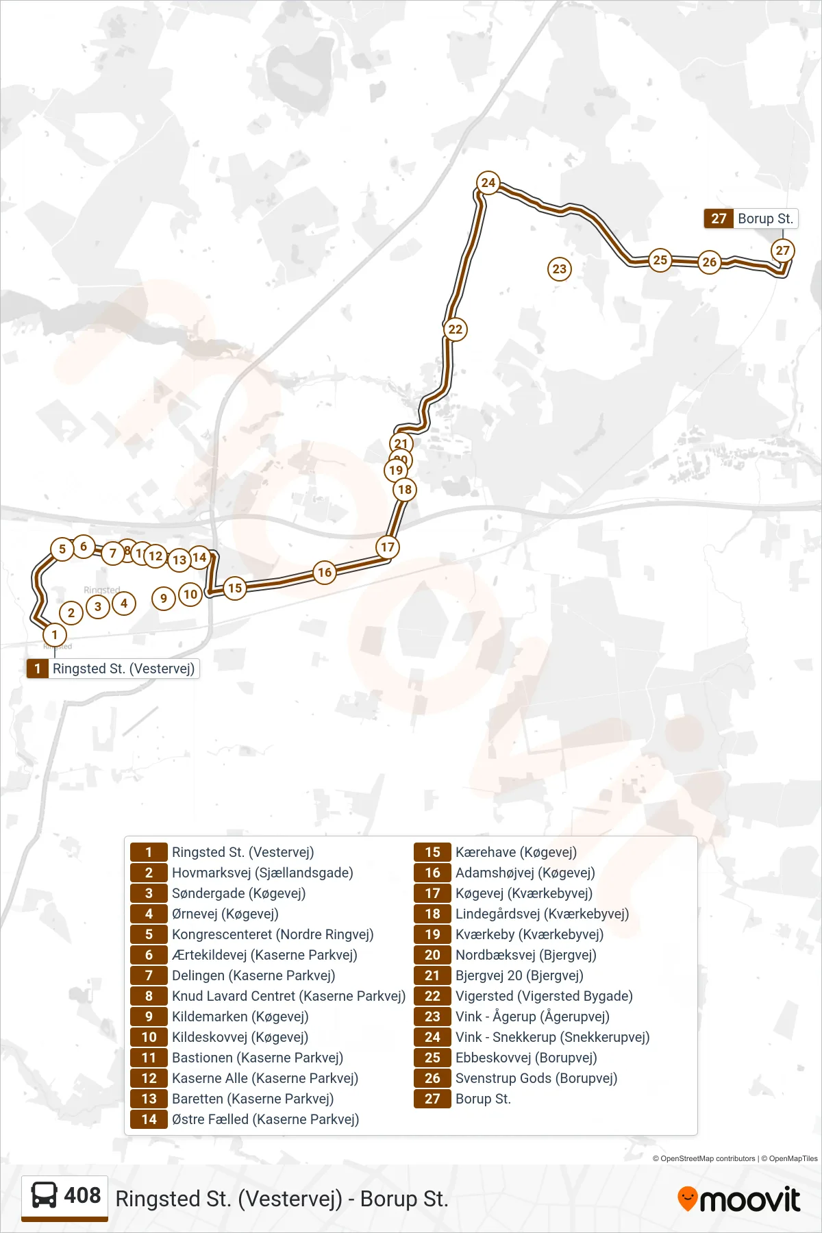 408 bus Linje (Borup St.) rute og stop på et kort