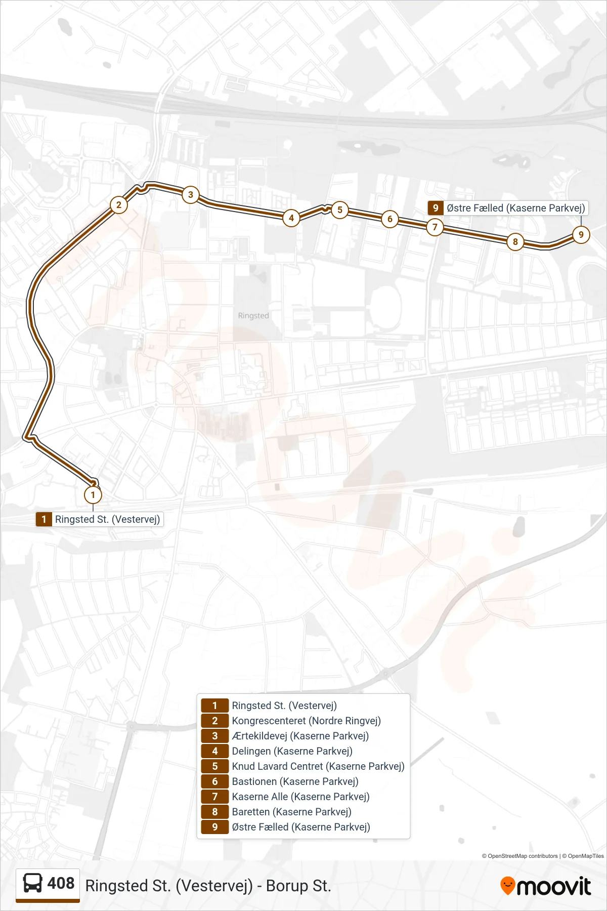 408 bus Line (Østre Fælled) route and stops on a map