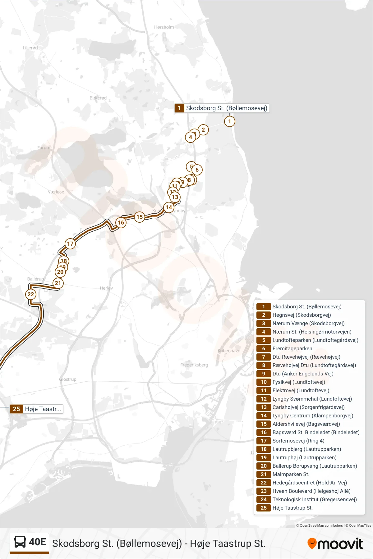 40E bus Linje (Høje Taastrup St.) rute og stop på et kort