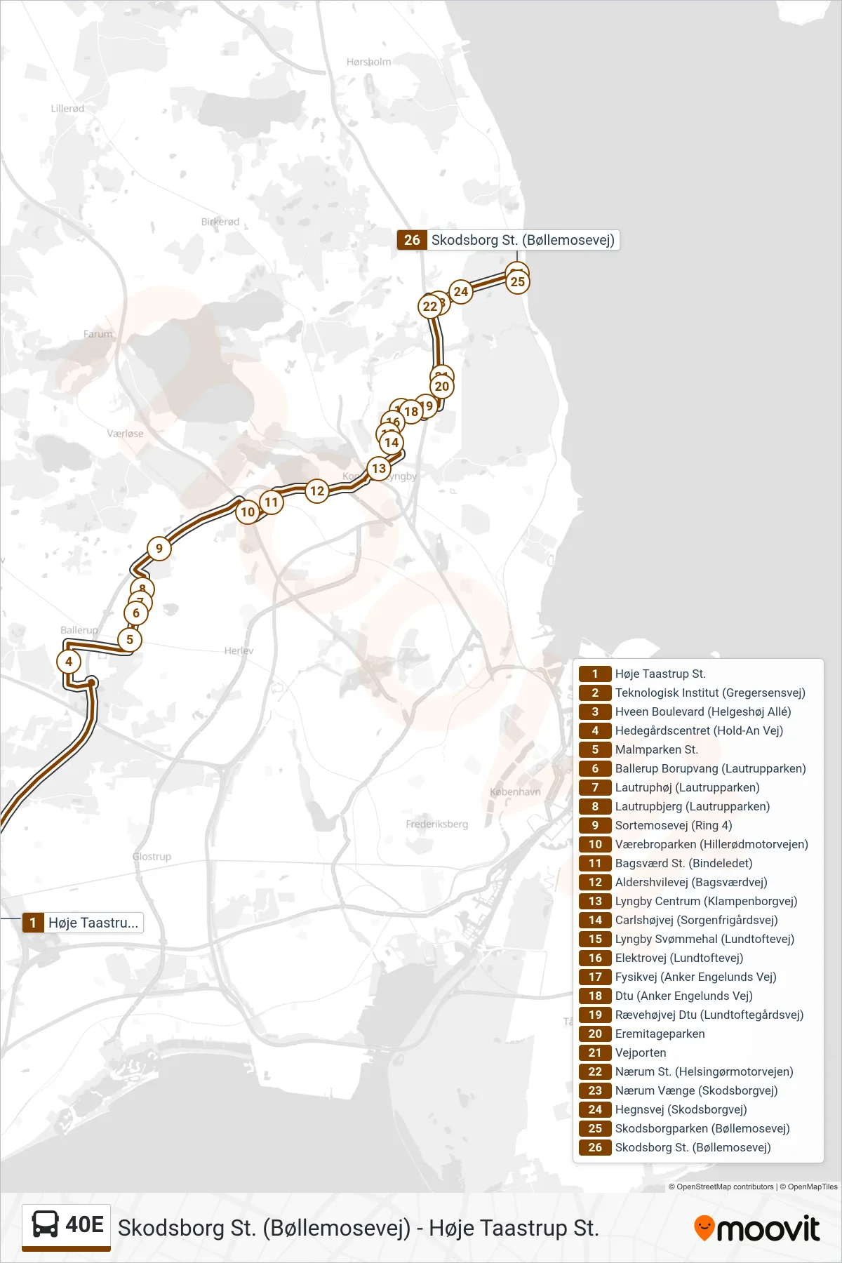 40E bus Line (Skodsborg St.) route and stops on a map