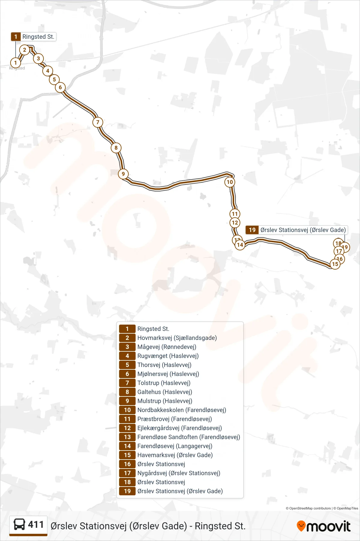 411 bus Linje (Ørslev) rute og stop på et kort