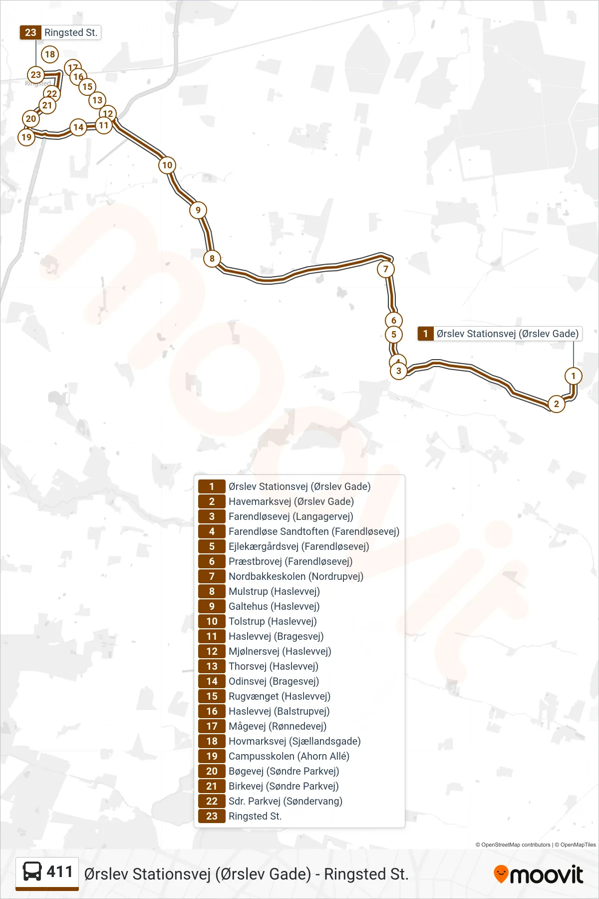 411 bus Linje (Ringsted St.) rute og stop på et kort