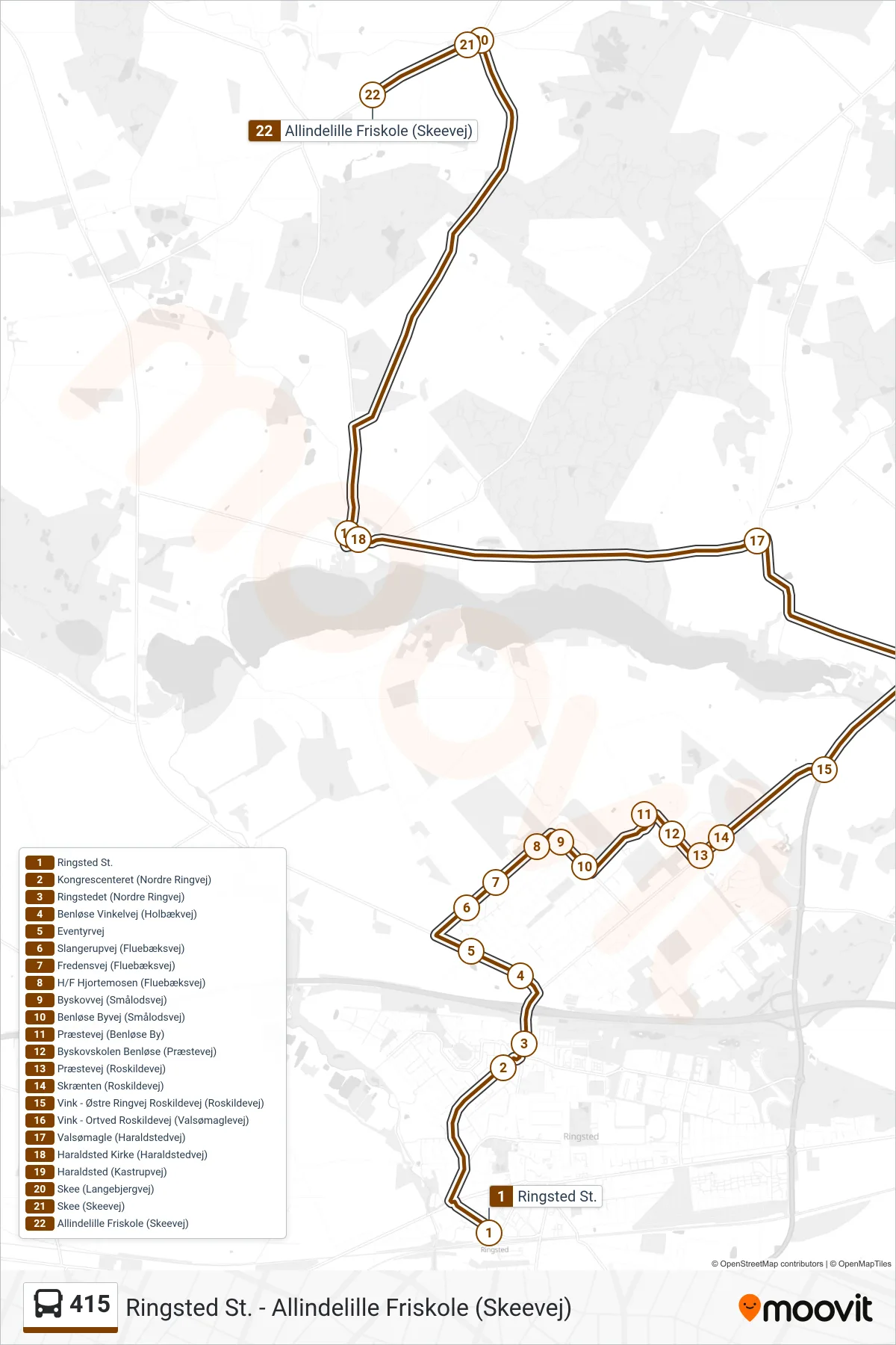 415 bus Linje (Allindelille Friskole) rute og stop på et kort
